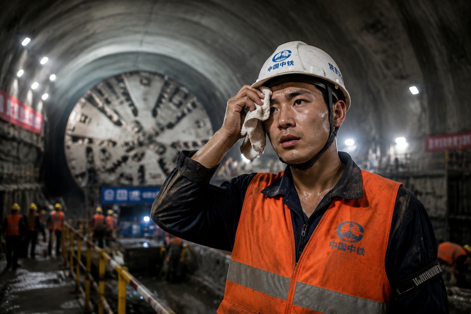 Young Chinese engineer Tang Wei wipes his face inside a tunnel of the Central Yunnan Water Diversion Project, monitoring the tunnel boring machine.