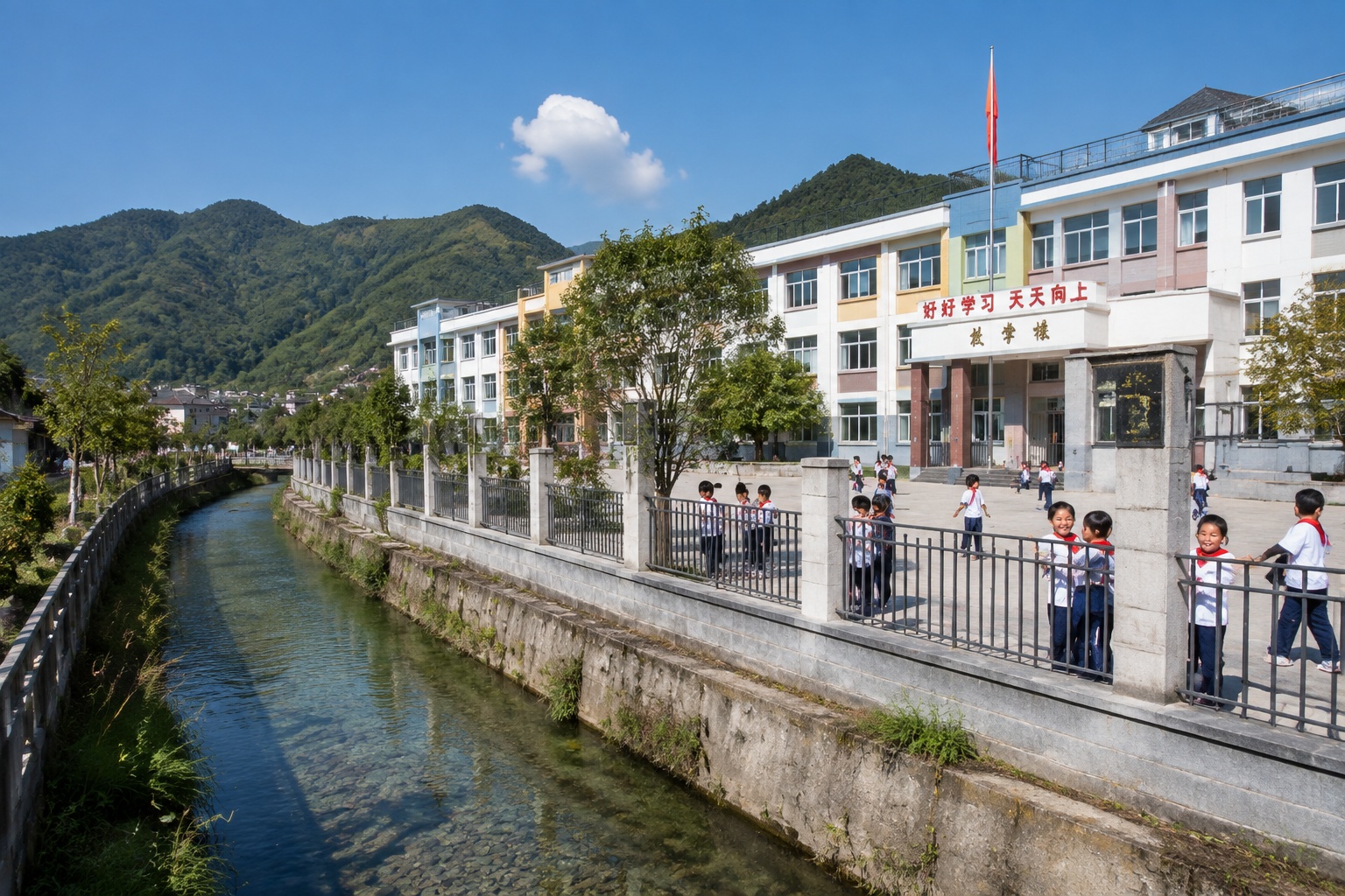 Children play near the embankment of a canal that carries water from the South-to-North Water Diversion Project past their school in a resettlement town in Hubei province.