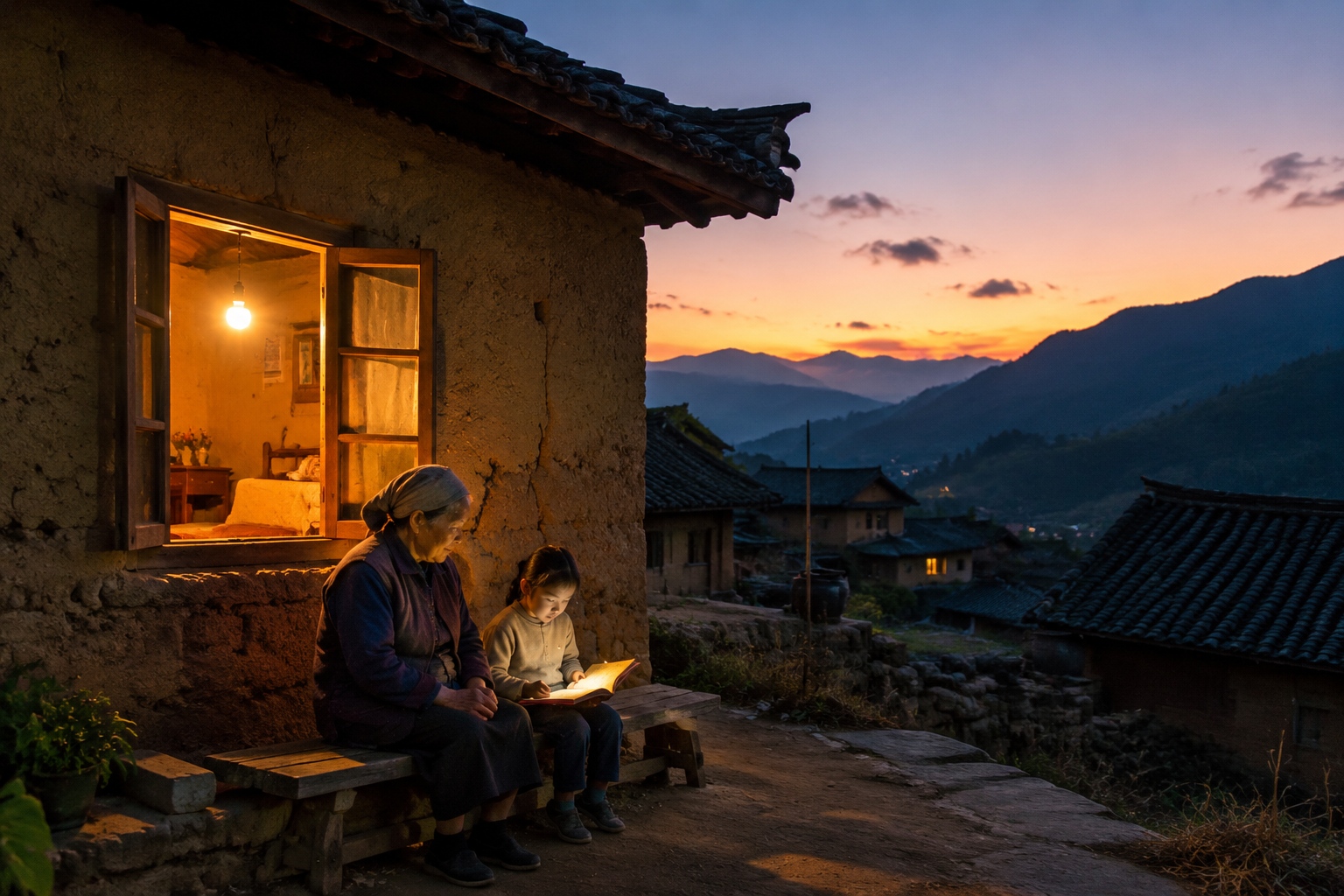 Elderly woman and child reading under a single light bulb in a remote Yunnan village, illustrating rural electrification in China