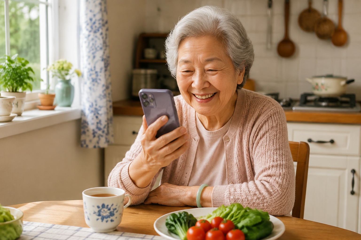 Chinese elderly woman using smartphone to order groceries via WeChat mini-program, morning routine at home, digital inclusion in China