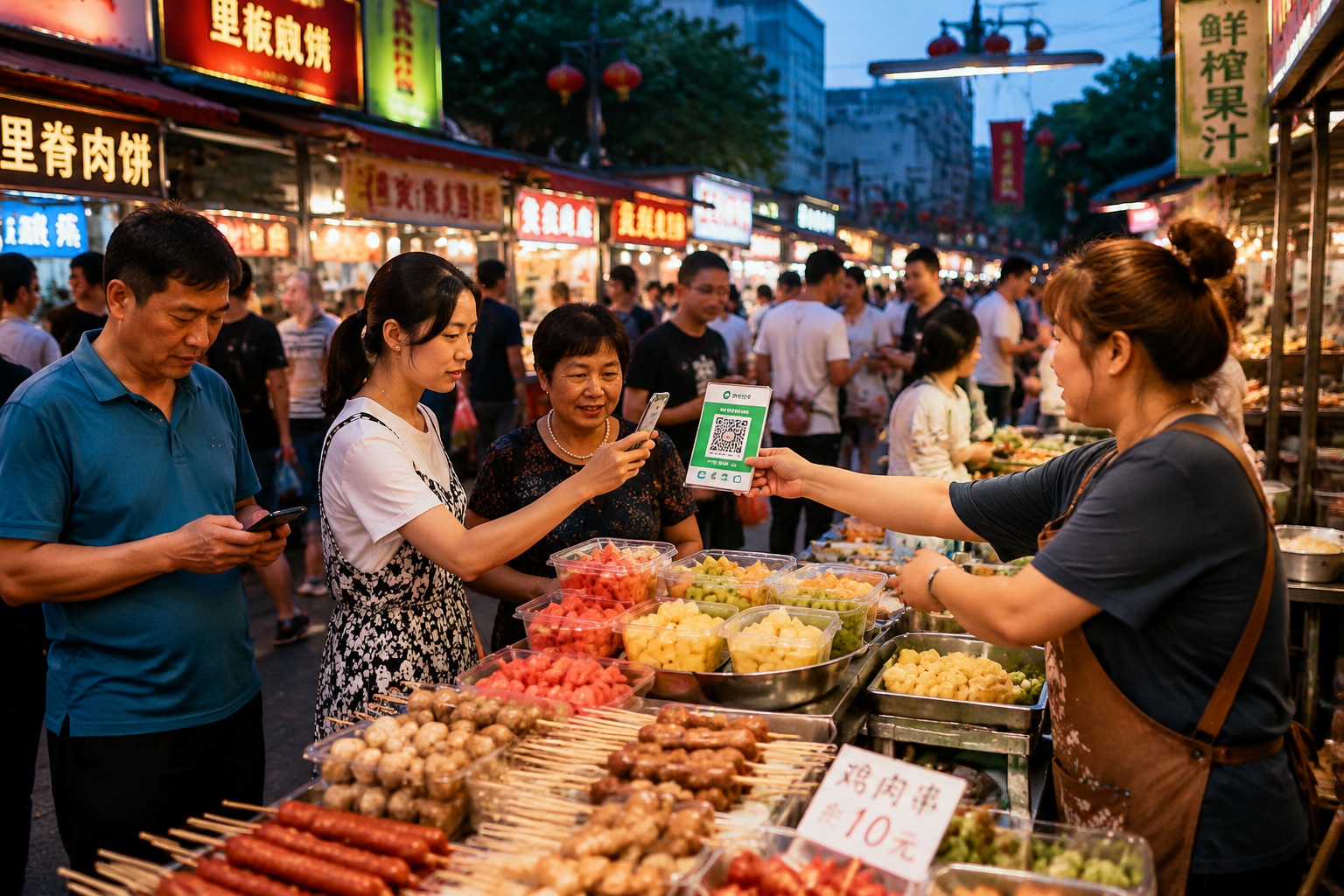 Busy Chinese street market where people use mobile payment via QR code scans, showing everyday digital life in China