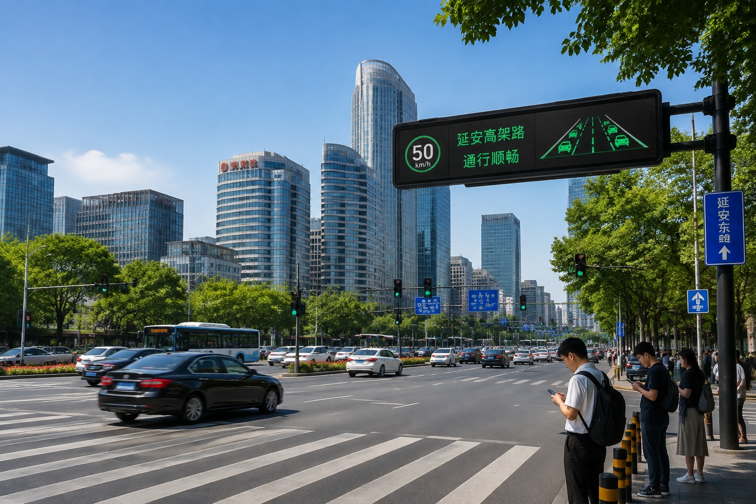 Smart city intersection in China with AI-optimized traffic lights and connected infrastructure, showcasing intelligent urban living