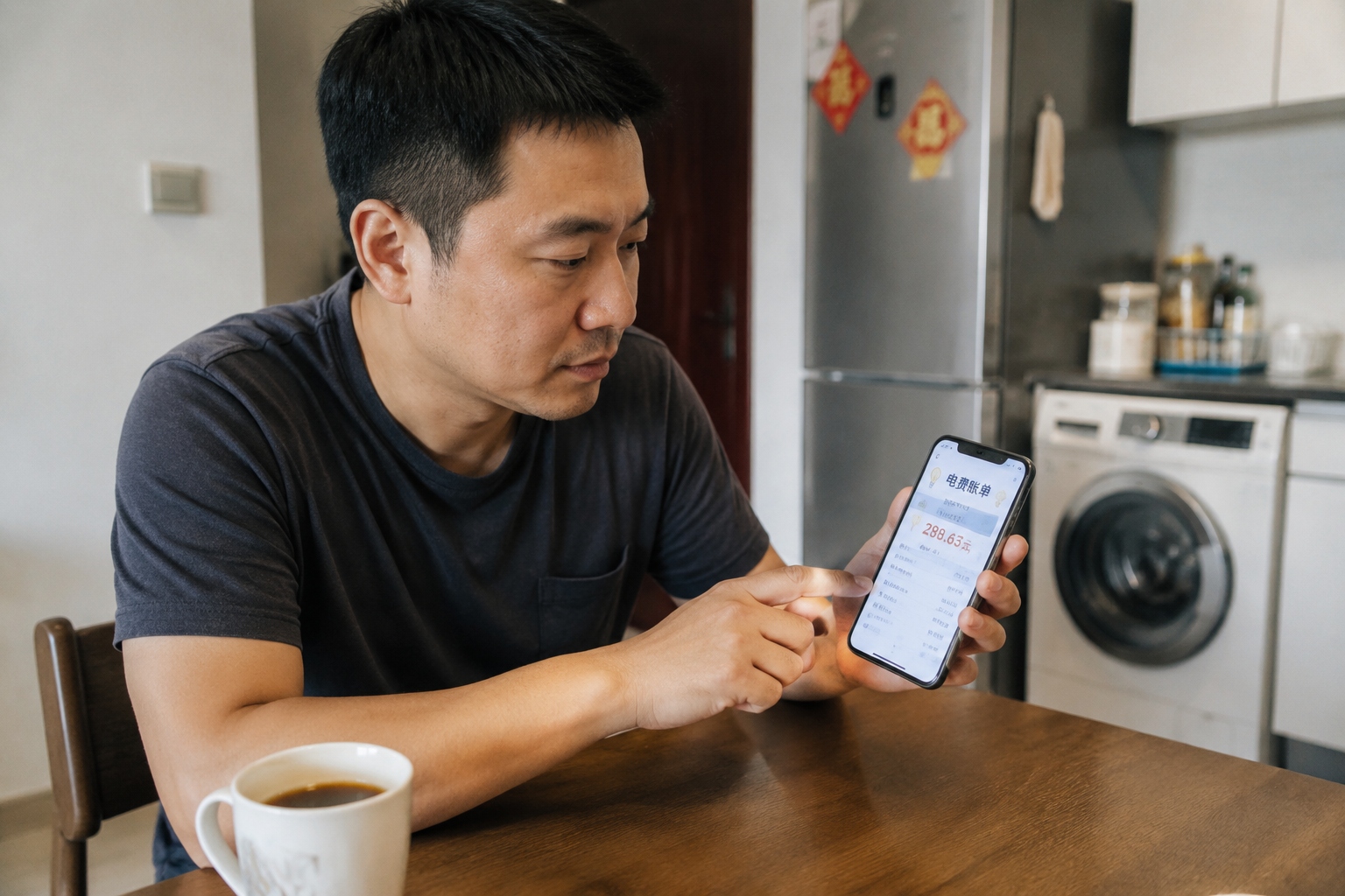 A Chinese man checking his monthly electricity bill on a smartphone in a modern apartment kitchen, with a coffee cup and home appliances visible.