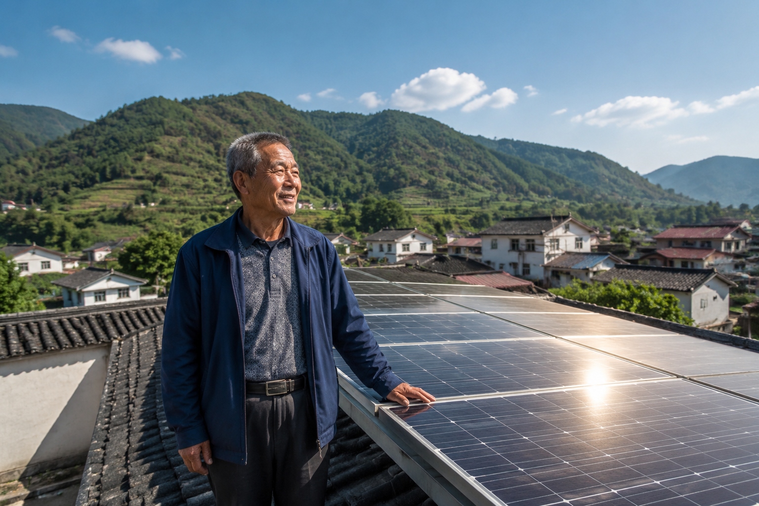 A retired Chinese farmer standing on a rooftop solar panel installation in a village near Hangzhou, with green hills and blue sky behind him.