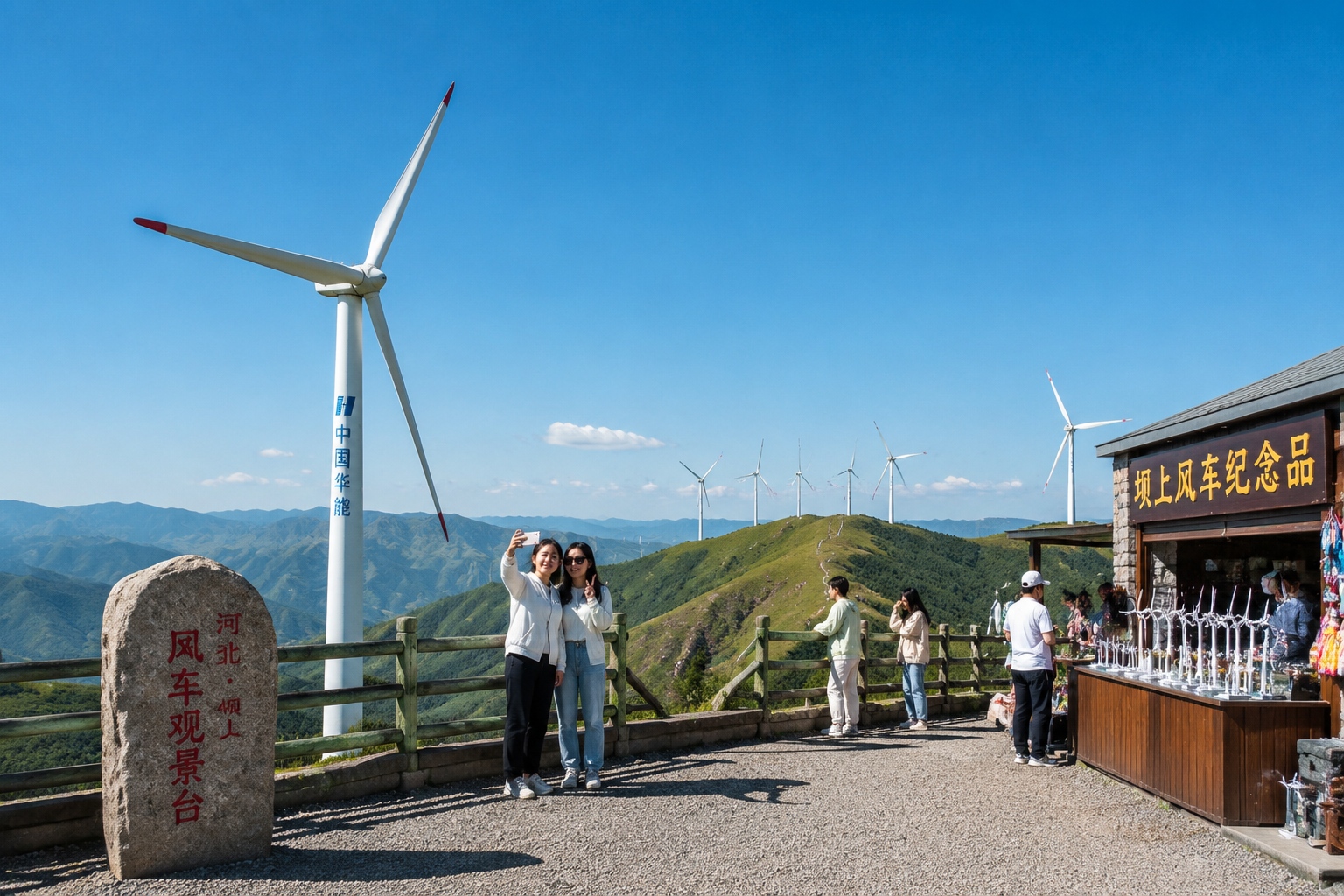 Wind turbines on a mountain ridge in Hebei, China, with tourists taking selfies and a souvenir shop in the foreground.