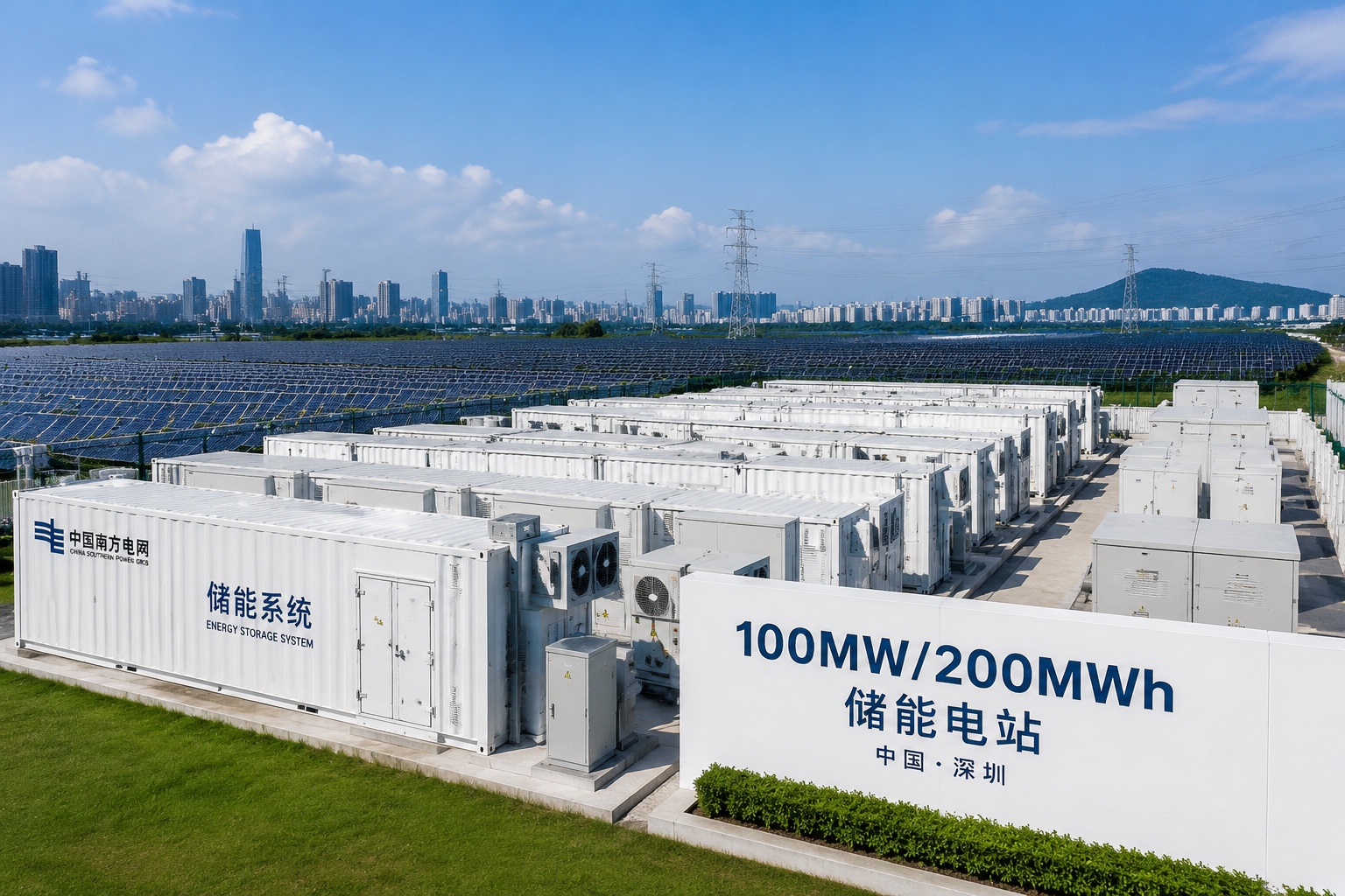 A battery storage station in Shenzhen, China, with white battery containers next to a solar farm under a clear sky.