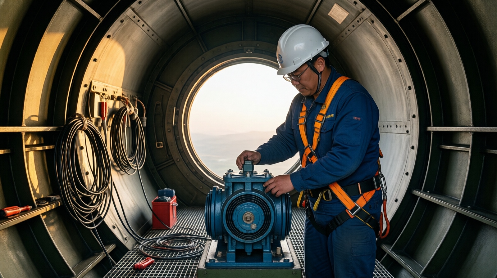 Chinese wind turbine engineer inspecting a hydraulic pitch actuator inside the nacelle of a wind turbine in Inner Mongolia, wearing safety harness and hard hat, with gearbox and cables visible.