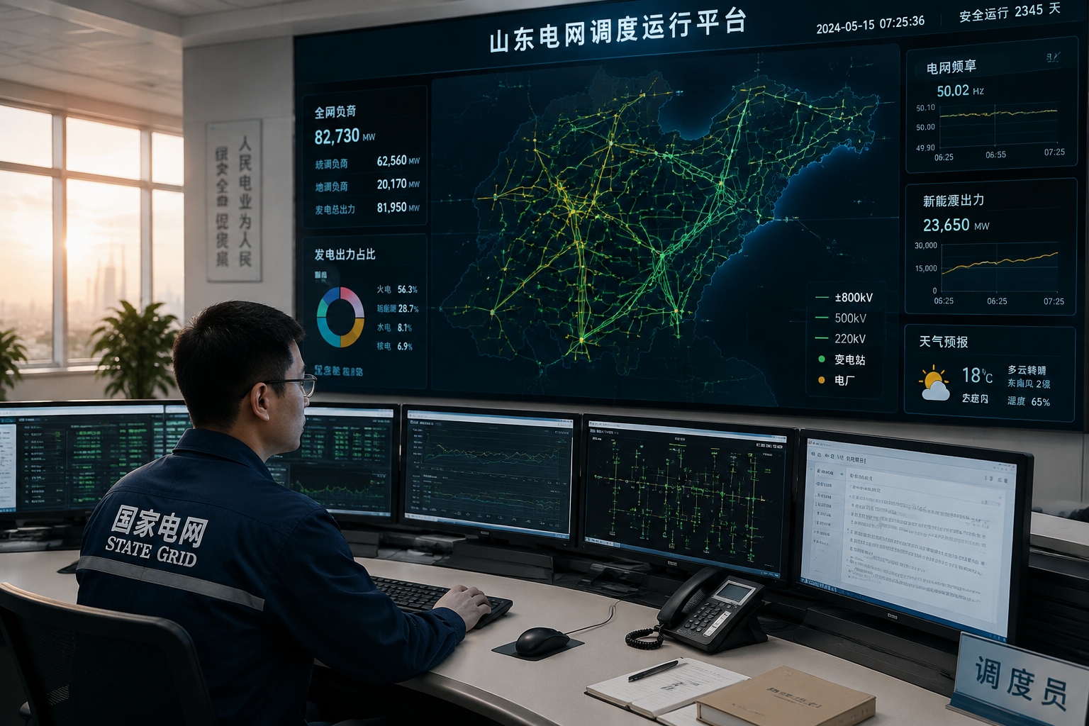 A Chinese grid dispatcher monitors real-time electricity flow on a large screen inside a provincial power dispatch center, showcasing the advanced control system that prevents factory blackouts.