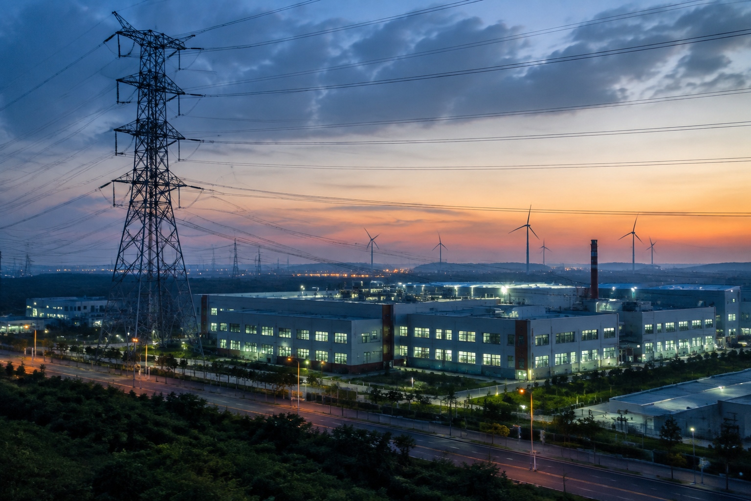 A Chinese factory operating normally at dusk, with electricity supply stable thanks to the national grid dispatch system, high-voltage lines and wind turbines in the background.