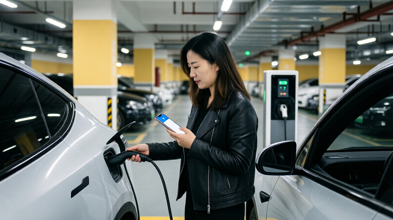 A woman plugs her electric car into a private charging station at a residential complex in Shanghai, with an app on her phone showing charging status.