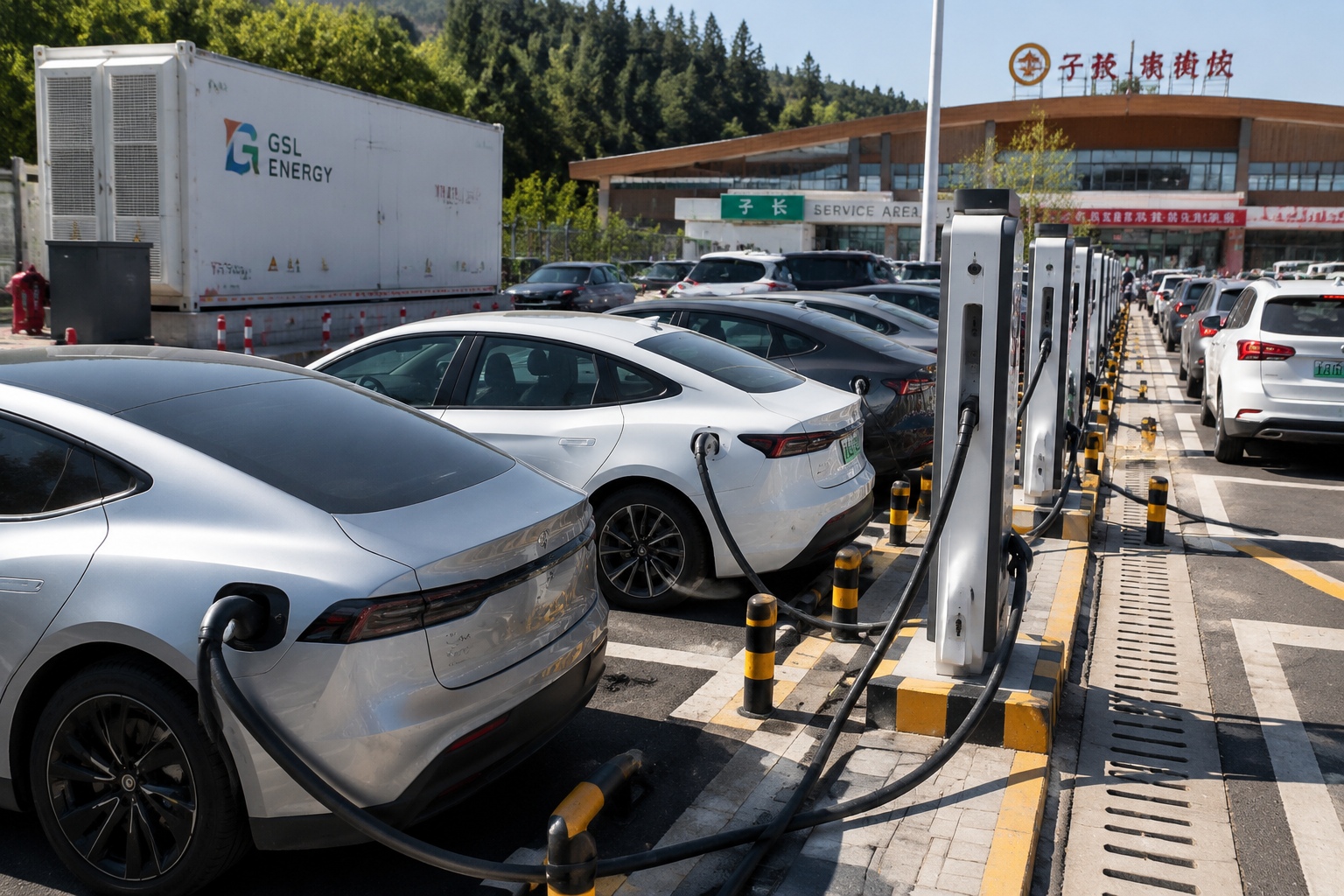 Electric vehicles queue for fast charging at a highway service area in China, with a battery storage container in the background to ease grid load.