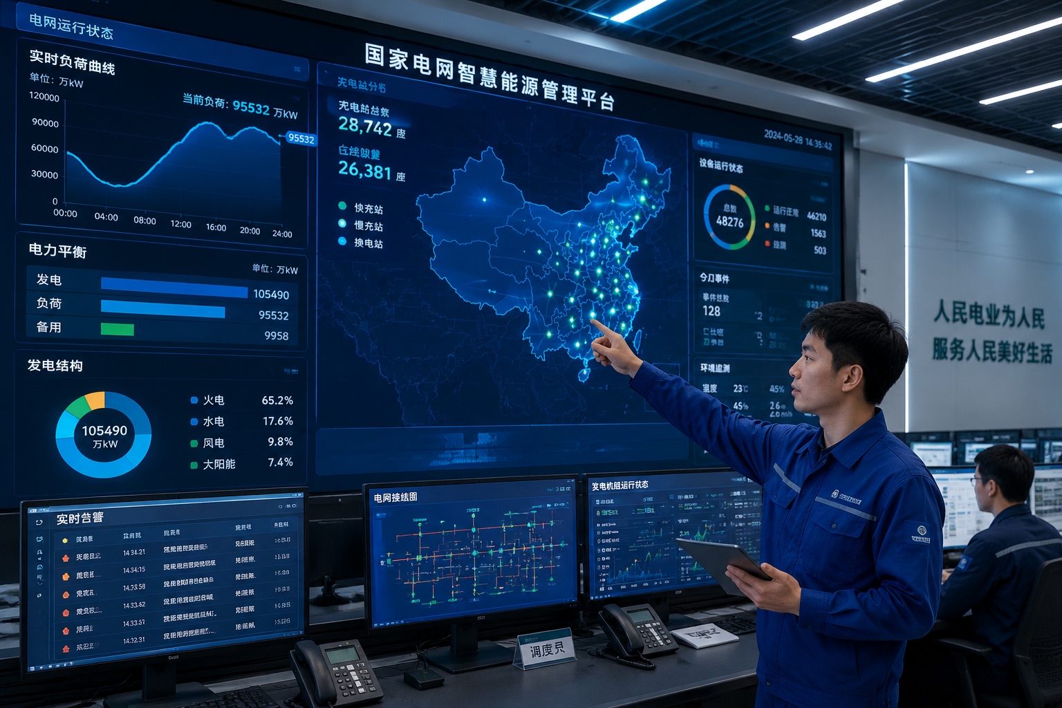 A grid control room operator in China monitors real-time charging load and station status on a large digital dashboard.