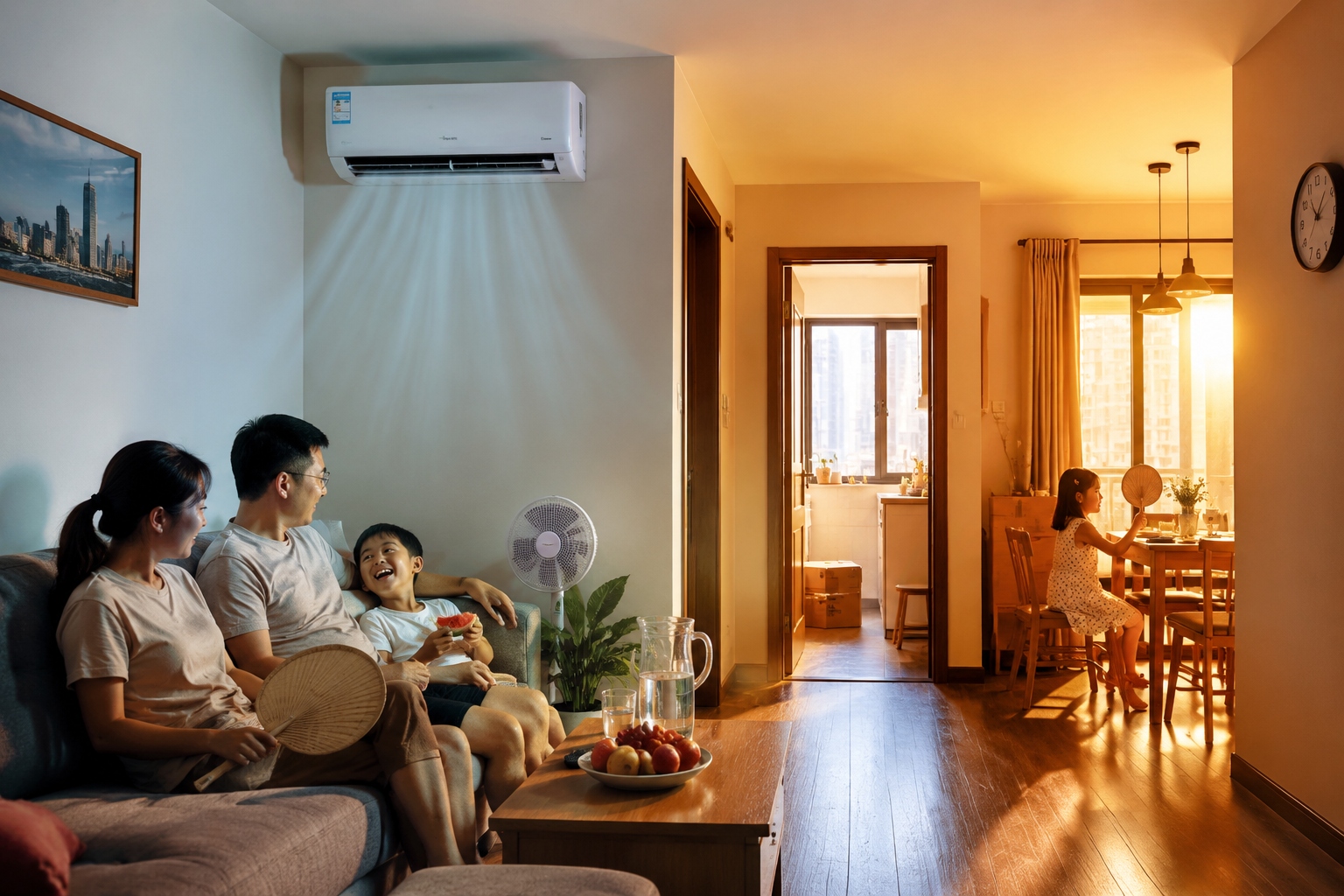 Chinese family in a Shanghai apartment using a split air conditioner to cool only one room, illustrating lower household electricity use compared to US central AC.