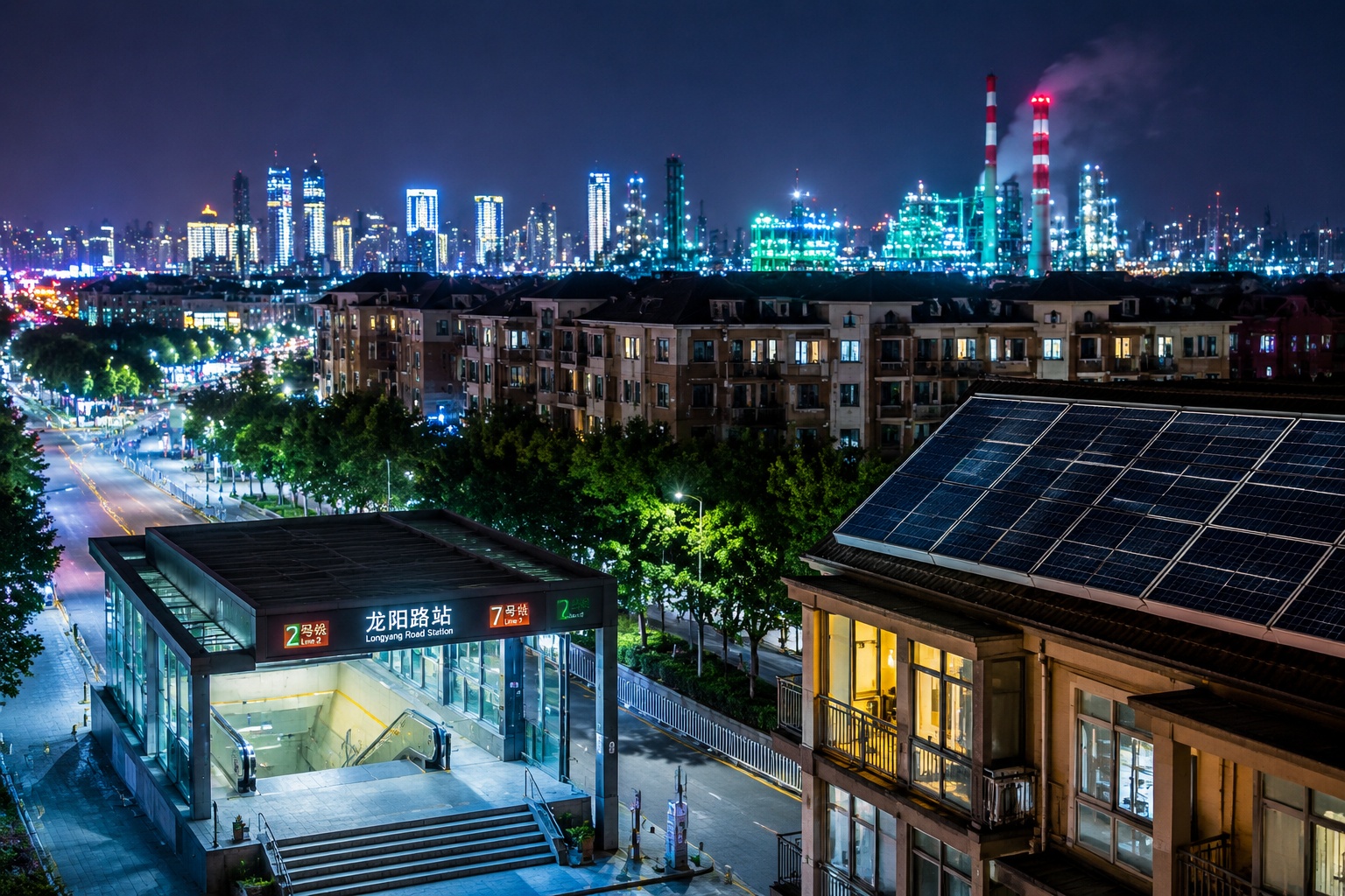 Night view of a Chinese city with LED streetlights and rooftop solar panels, showing efficient electricity use and renewable energy integration.