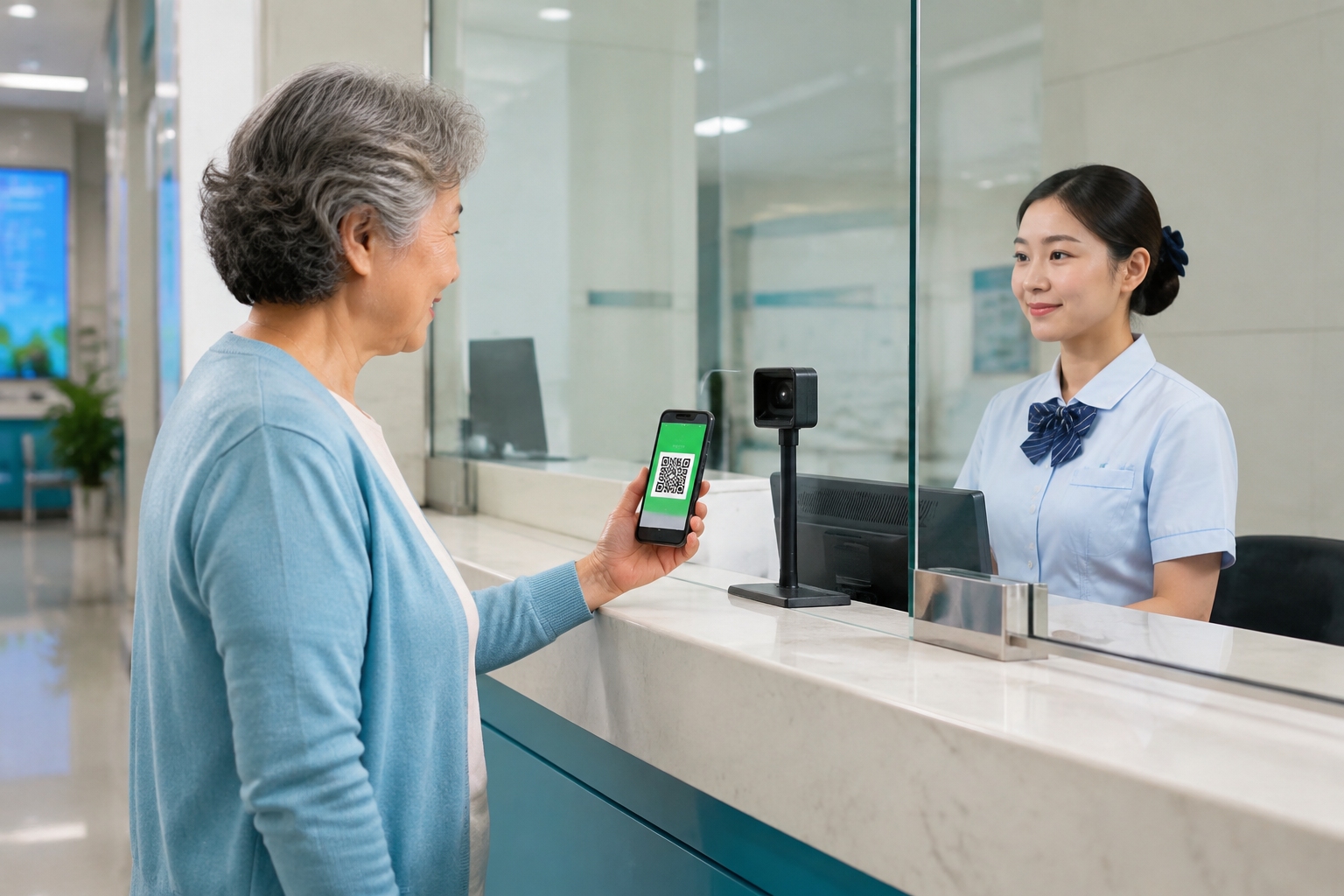 Elderly Chinese patient shows medical insurance QR code at Shanghai hospital registration window