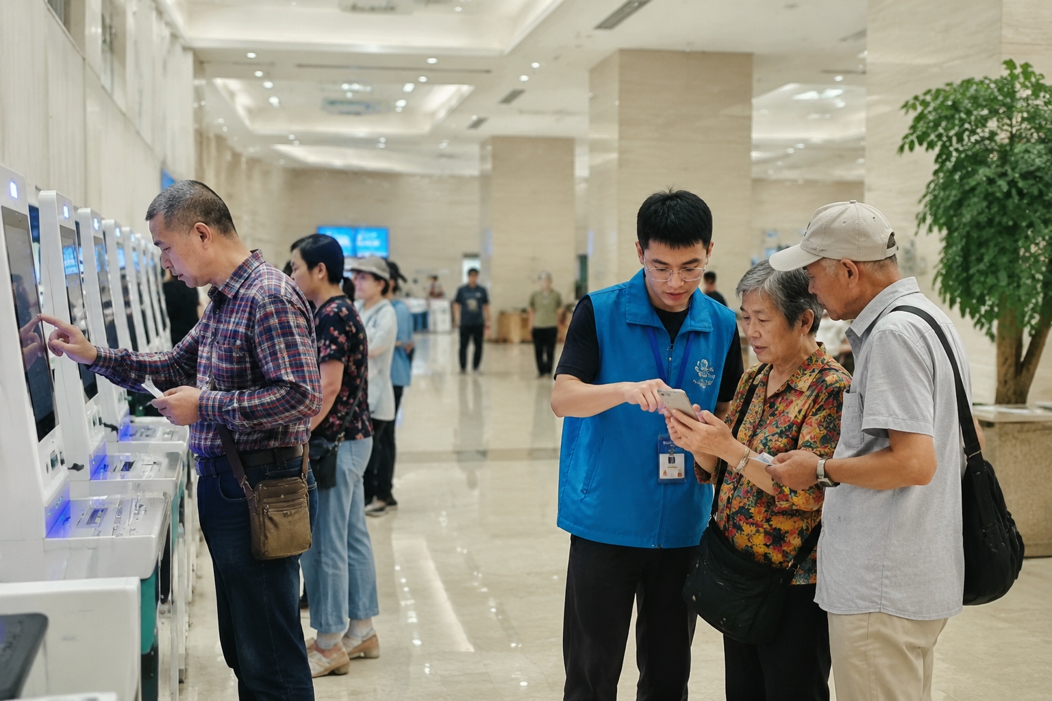 Patients in Chinese hospital use self-service kiosks to handle cross-province medical insurance settlement