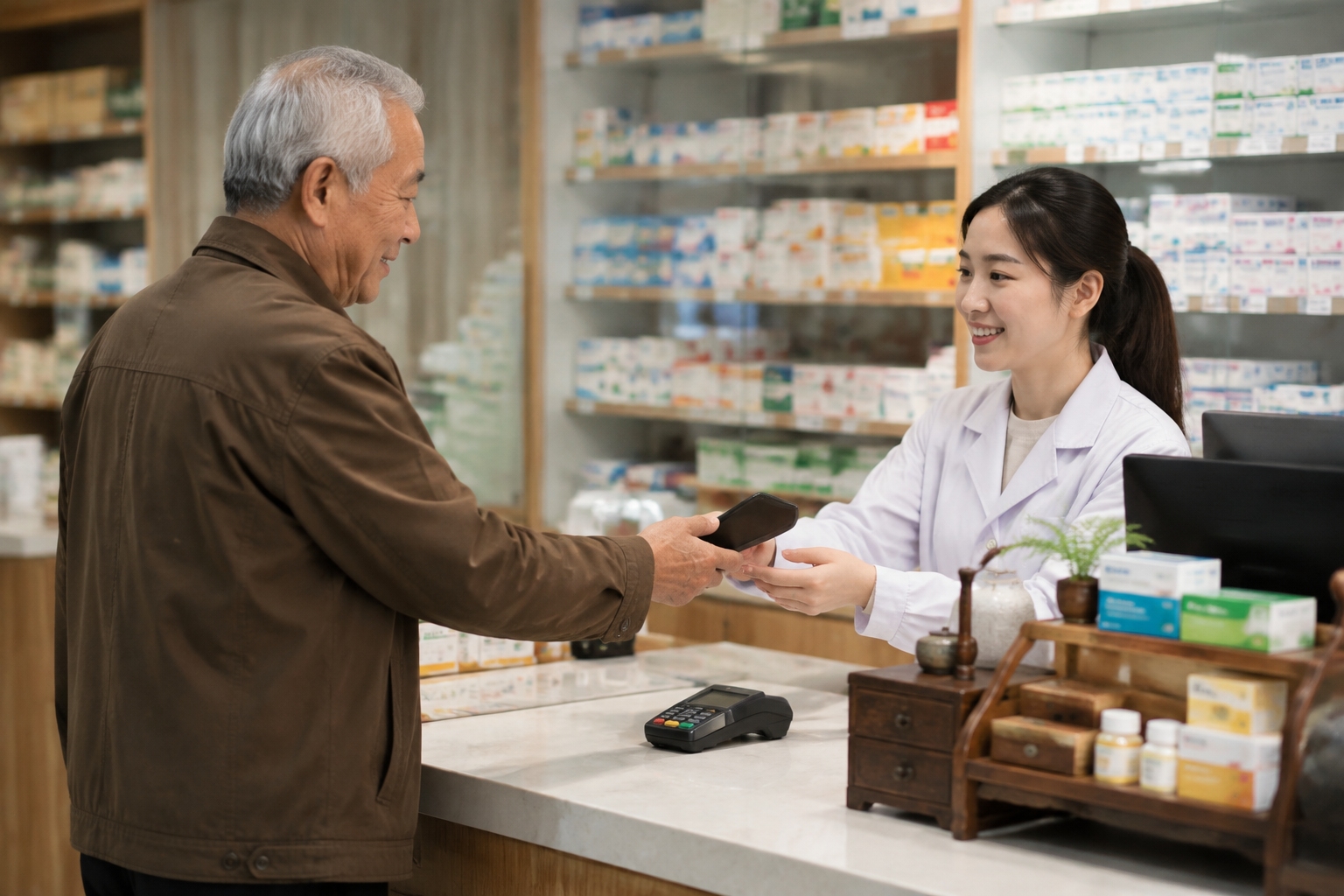 Older Chinese man uses smartphone health insurance code at pharmacy counter with cashier