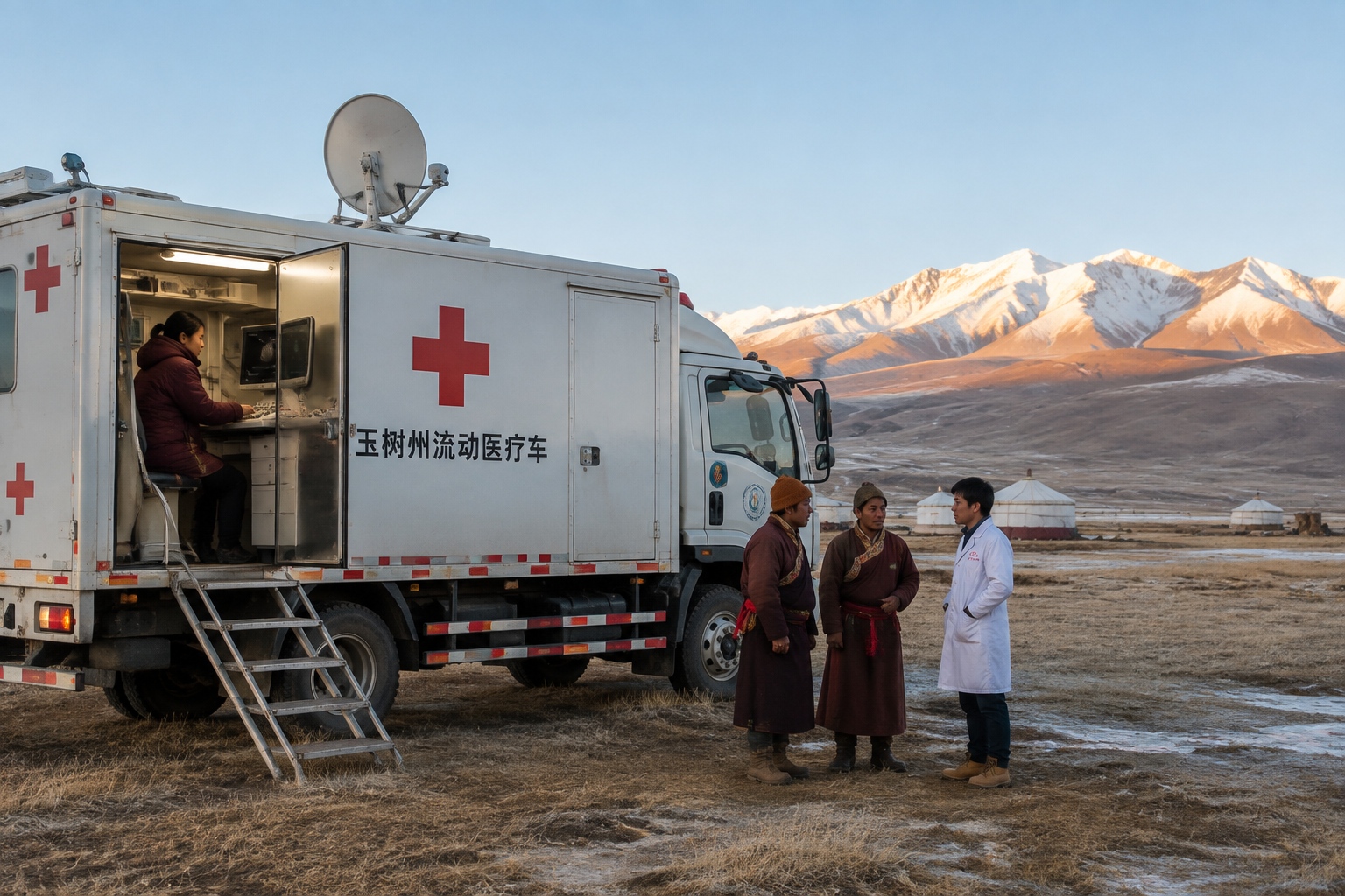 Mobile medical truck in Yushu grassland with local herders consulting a doctor near the truck beside a portable ultrasound machine