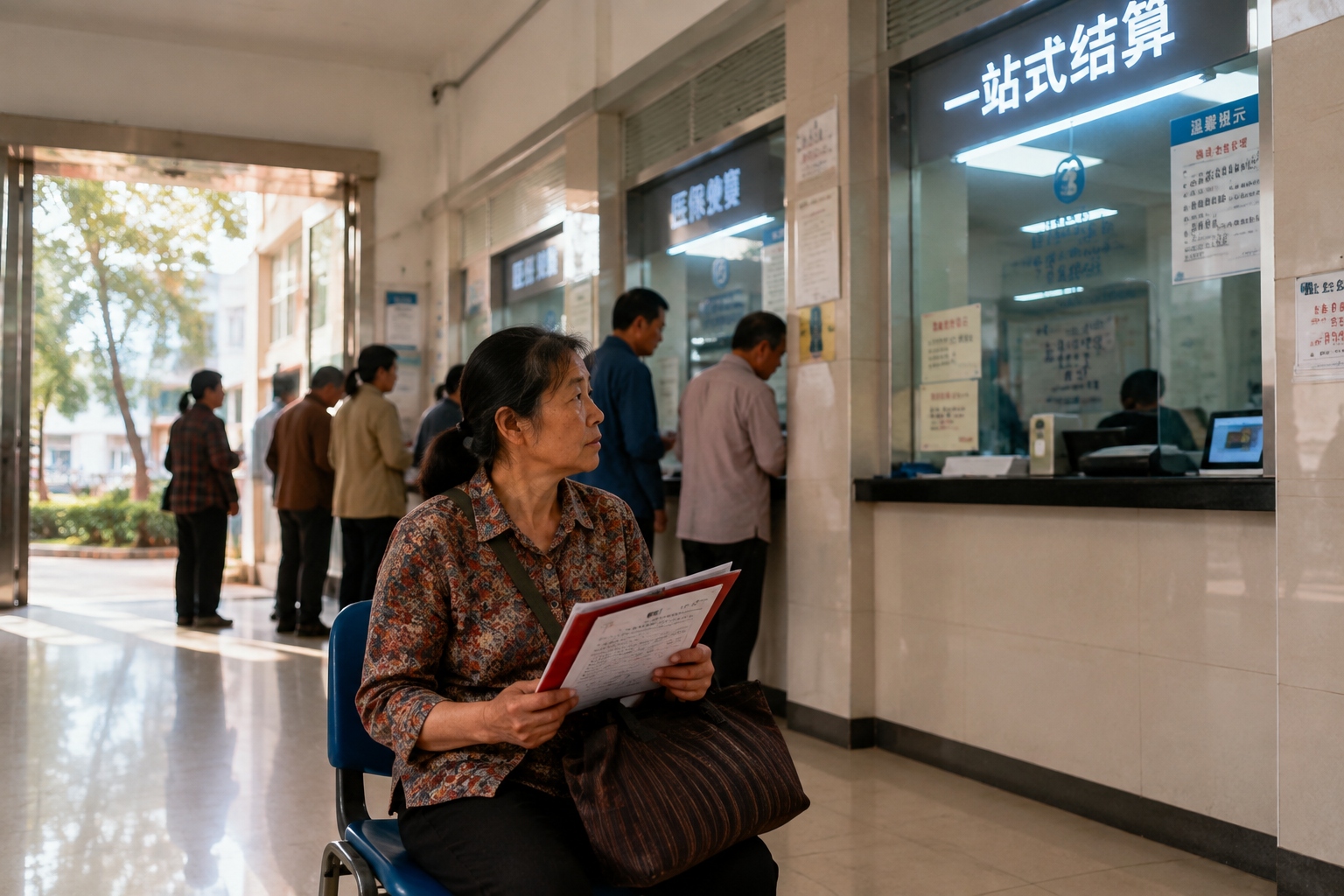 A woman reading hospital payment documents at a Chinese county hospital one-stop settlement window, with medical assistance signage