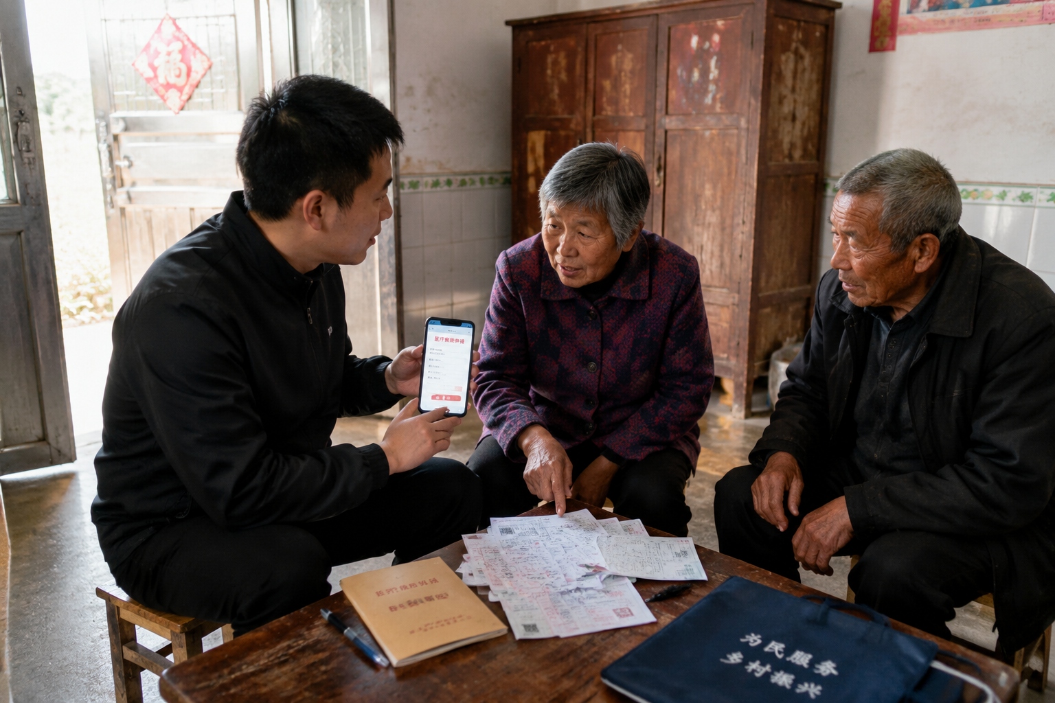 Village cadre assisting an elderly rural couple with medical assistance application on a smartphone at their home