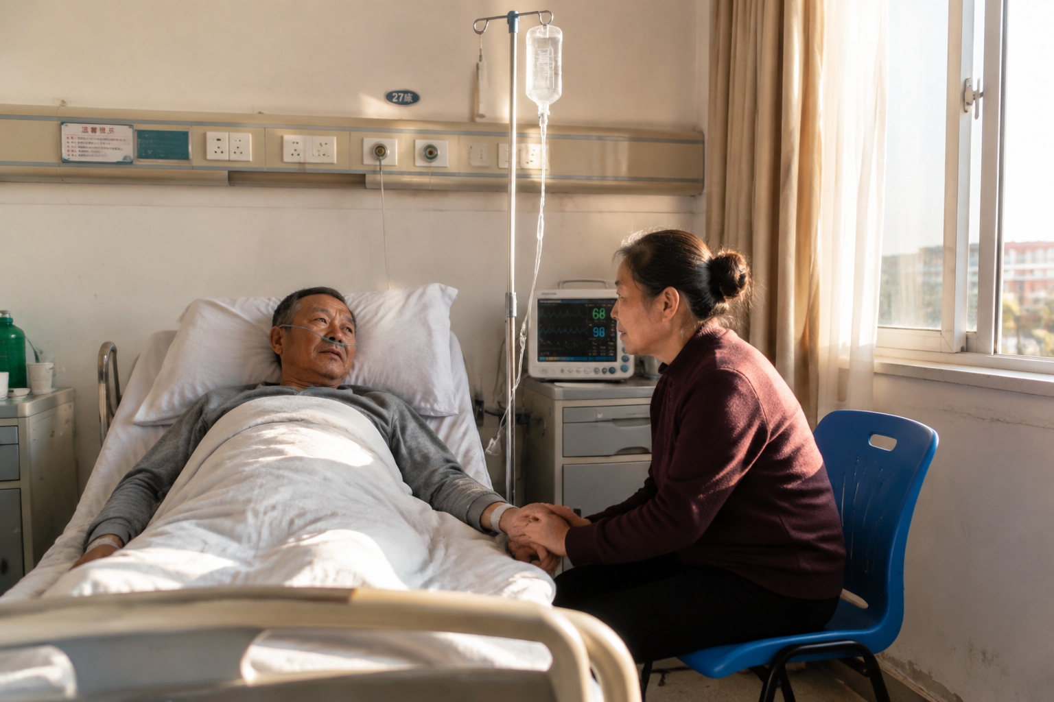 Recovering cancer patient holding his wife's hand in a Chinese hospital ward with an IV drip and sunlight