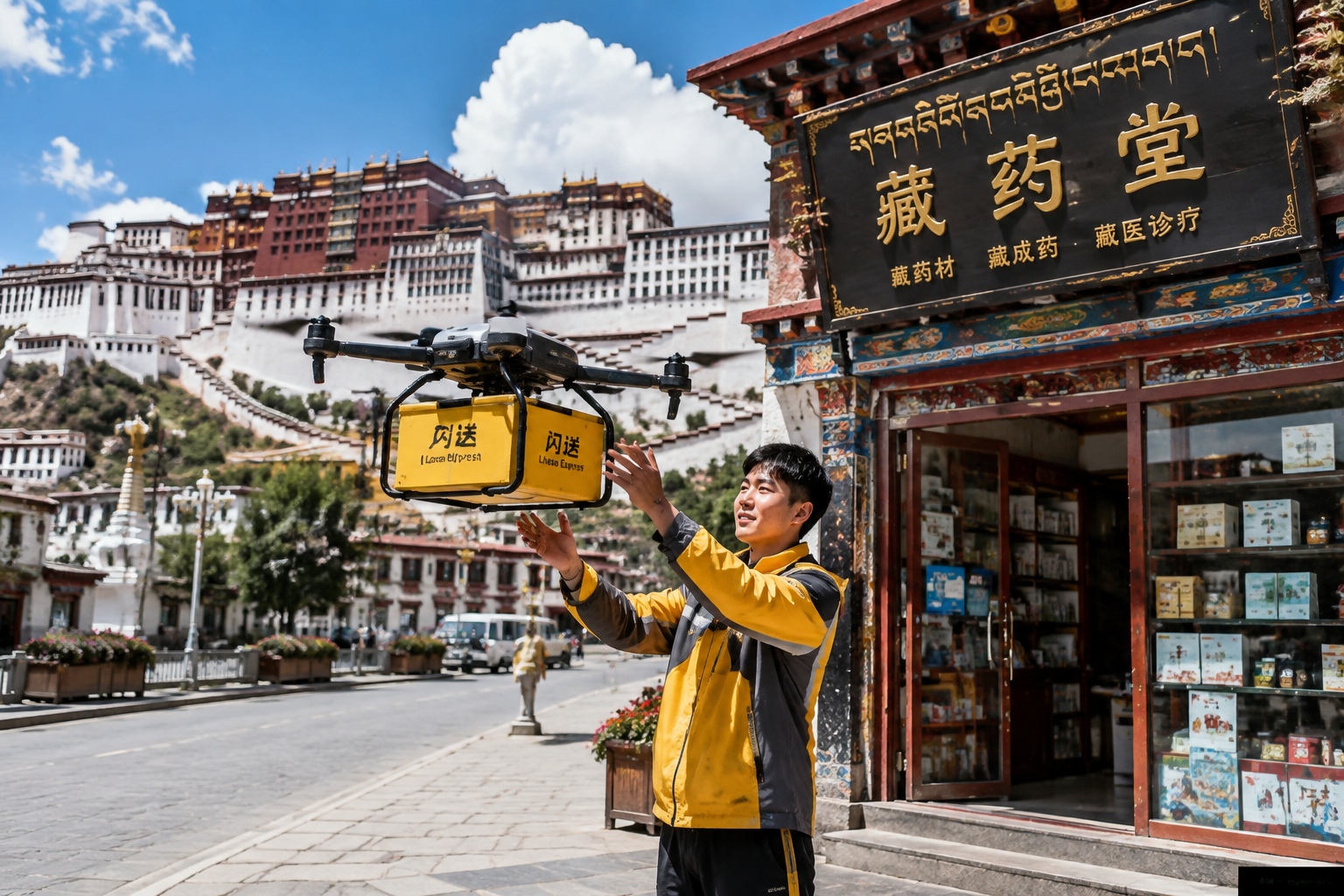 A delivery drone pilot in Lhasa, Tibet, with Potala Palace in the background, showcasing modern logistics in a high-altitude city