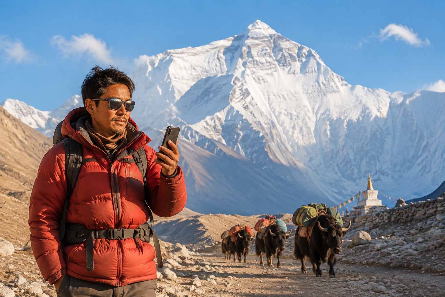 Sherpa guide using a smartphone on the Everest Base Camp trail with yaks and Mount Everest in the background