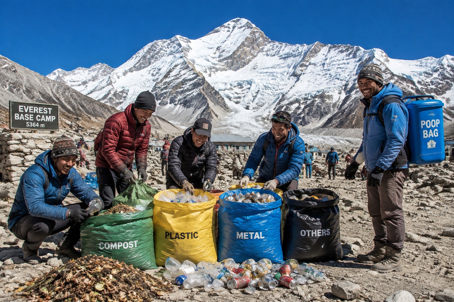 Porters sorting waste at Everest Base Camp, with Mount Everest in the background, illustrating high-altitude environmental cleanup efforts