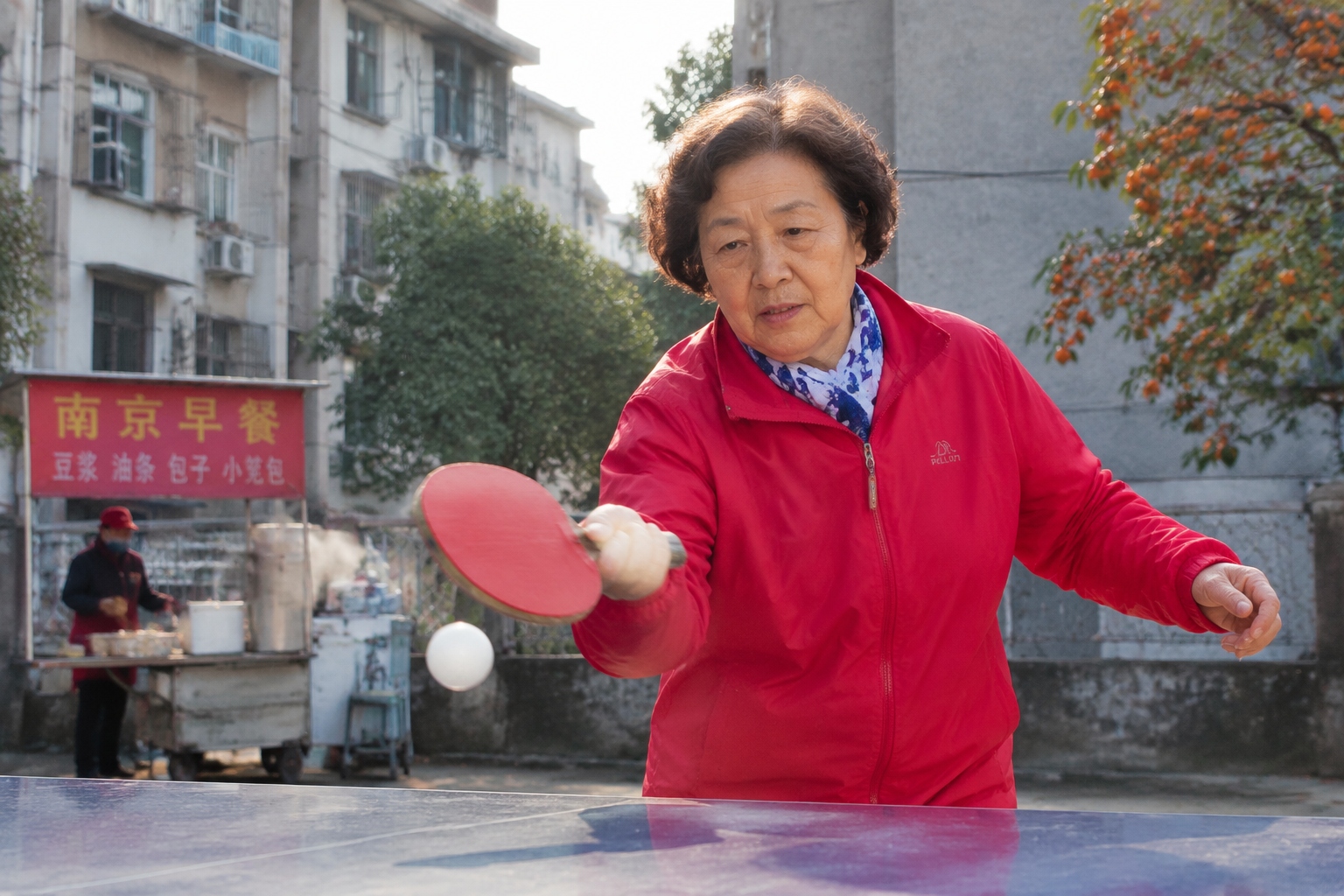 Wang Guifang, a 68-year-old retired textile worker, plays table tennis early in the morning at a community court in Nanjing