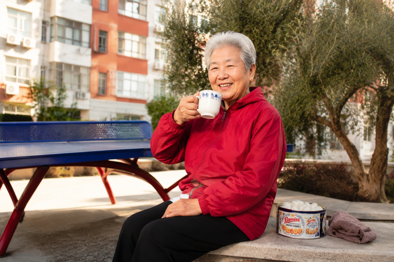 Wang Guifang takes a break on a bench after playing table tennis, with a tin of balls beside her