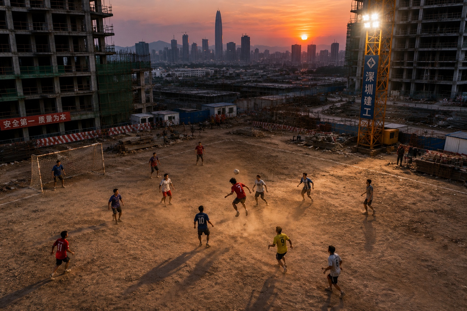 Migrant workers play football on a dusty construction site at dusk, with half-built towers in the background.