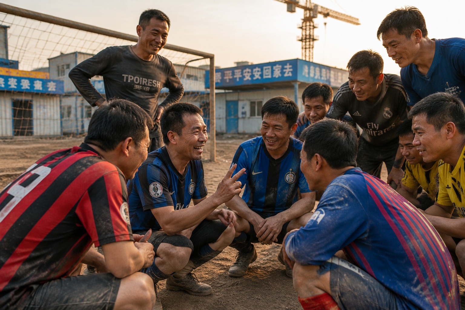 Construction workers in football jerseys huddle together before a match on a dusty field, with a steel pipe goalpost behind them.