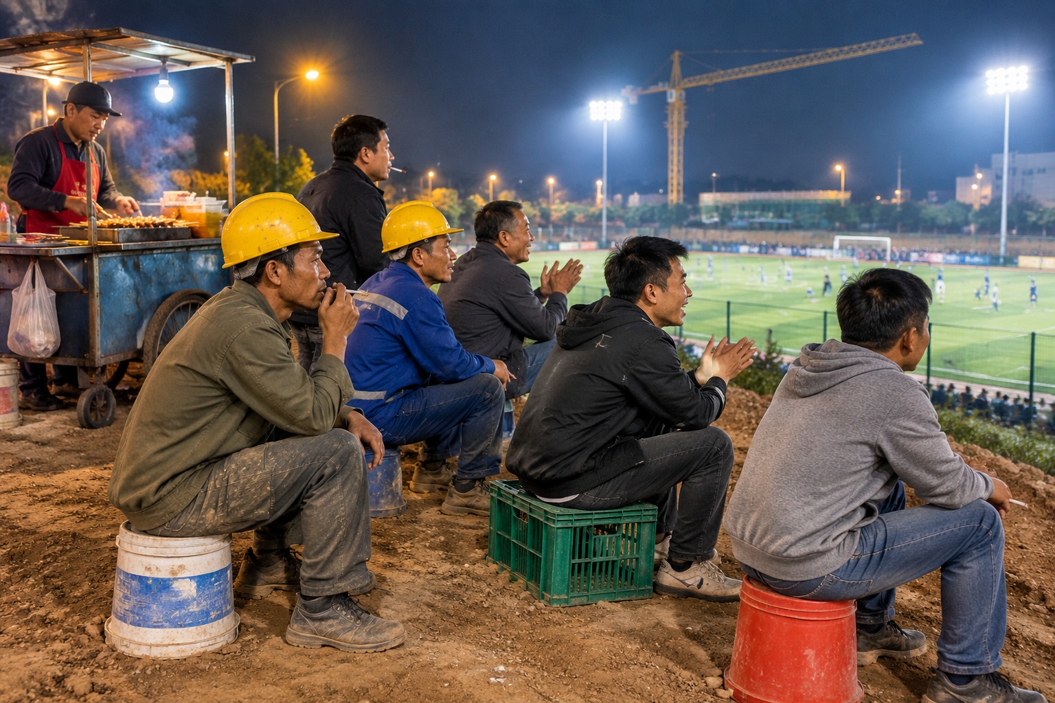 Construction workers and spectators watch an evening football match from a dirt embankment at a building site.
