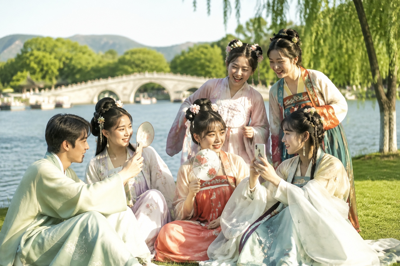 Young Chinese people wearing hanfu robes taking photos by West Lake in Hangzhou