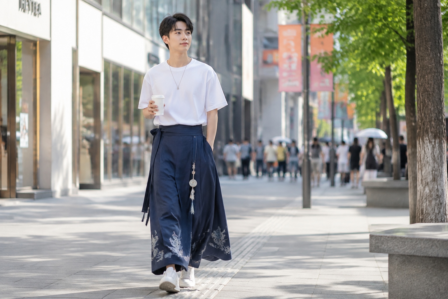 A young man mixing streetwear with a traditional Chinese mamian skirt on a city street