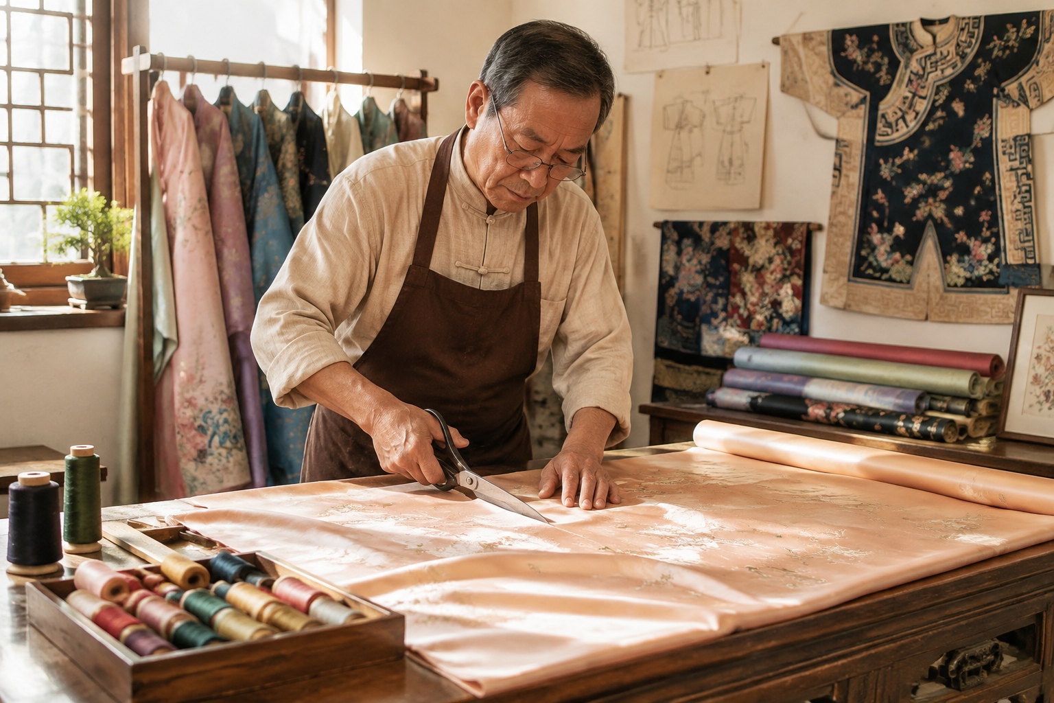 A craftsman cutting silk fabric in a traditional hanfu workshop