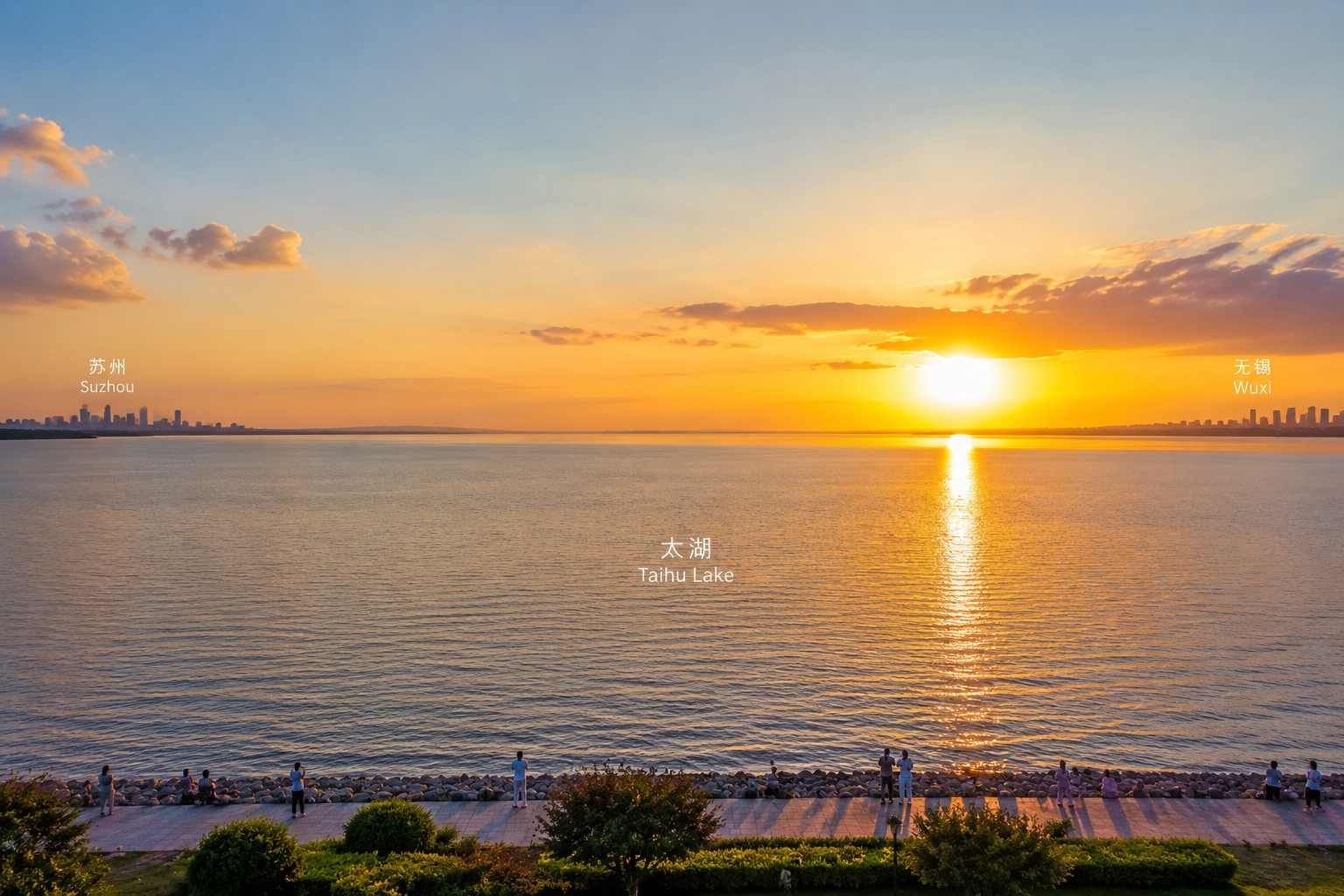 Aerial view of Taihu Lake separating the cities of Suzhou and Wuxi at sunset