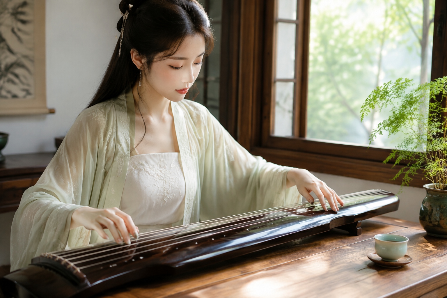 Close-up of hands playing a guqin showing long fingernails and silk strings