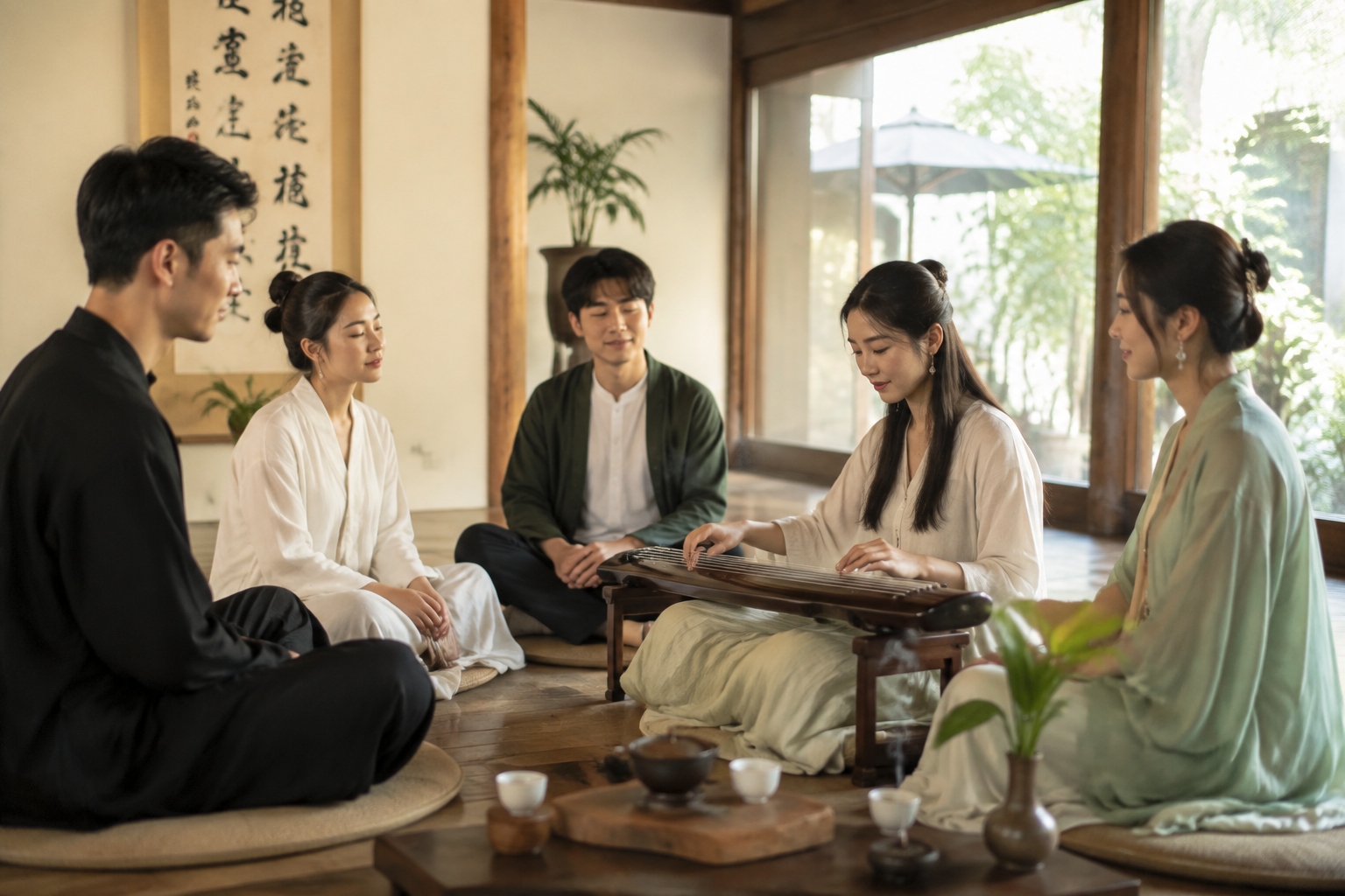 Young Chinese people listening to guqin at a yaji gathering in a teahouse