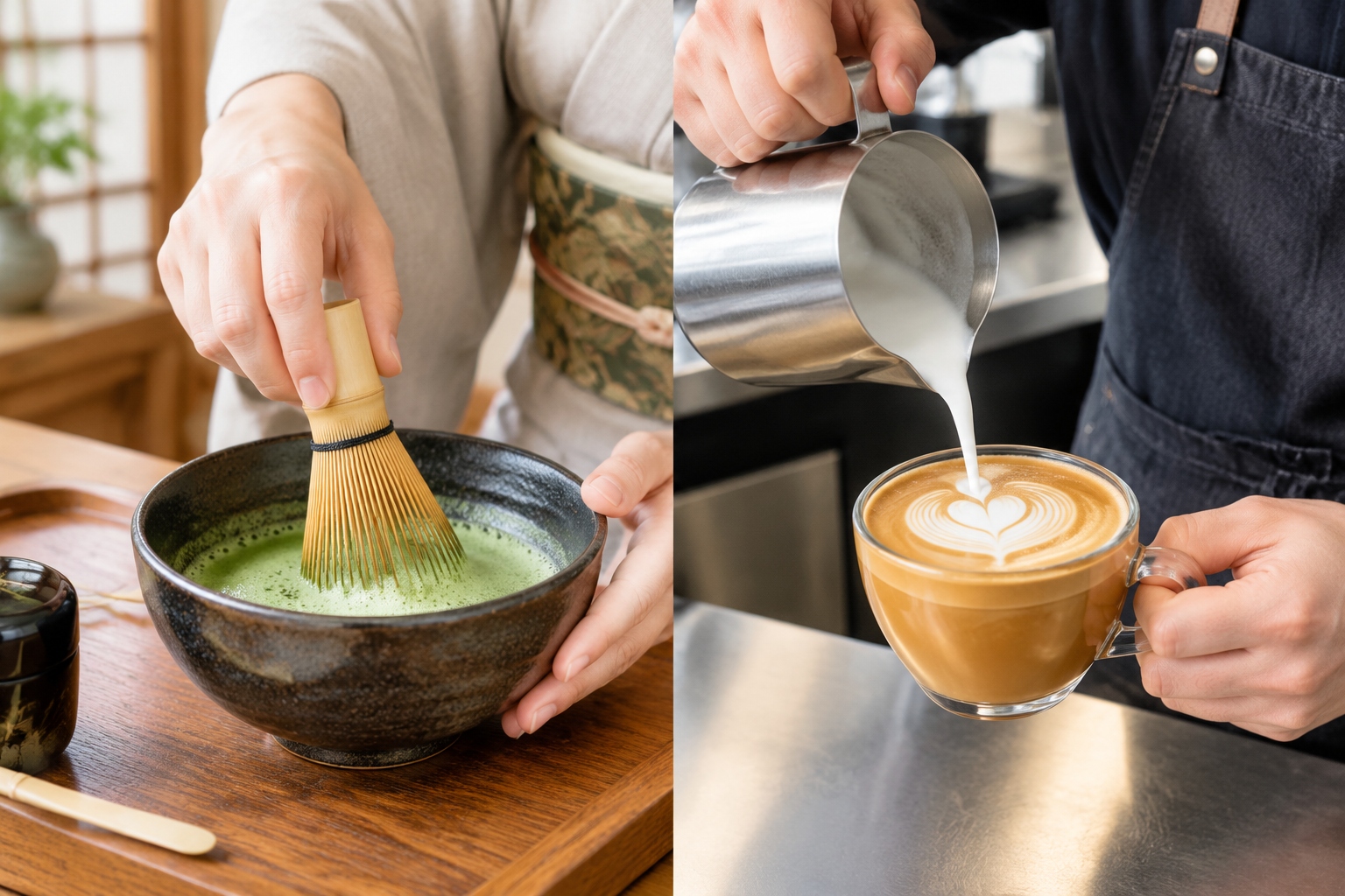 Side-by-side comparison of traditional Chinese diancha whisking and modern latte art pouring