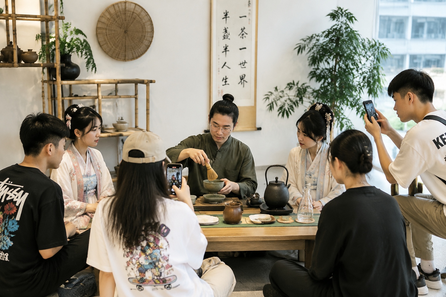 Young Chinese people learning diancha in a modern tea house, with smartphones documenting the experience