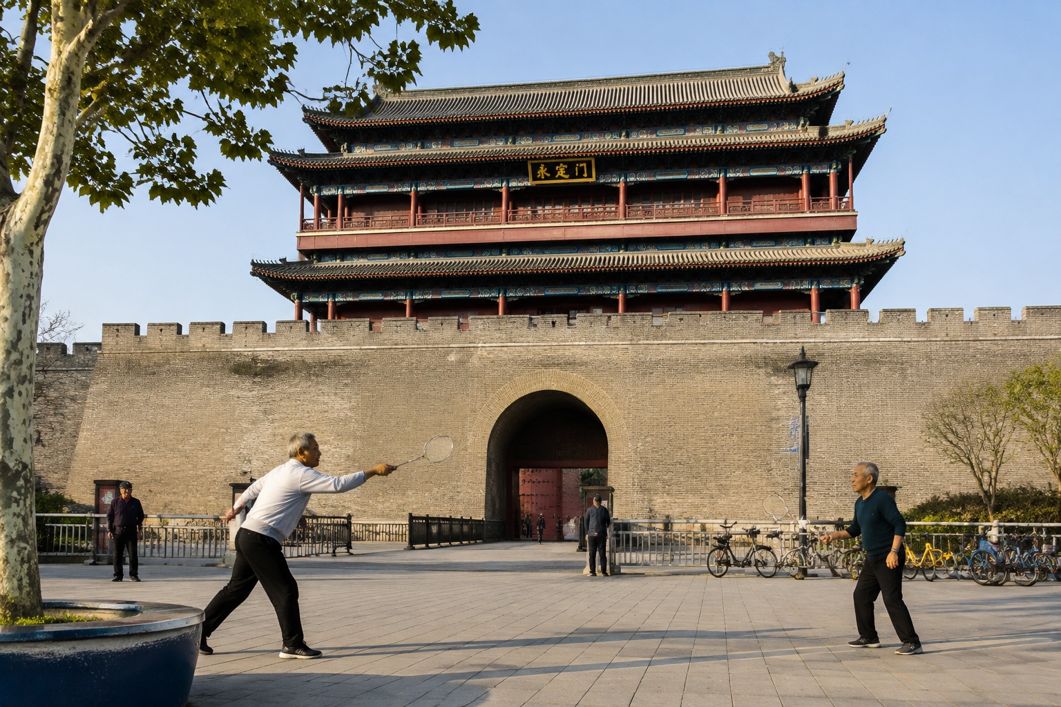 Retirees exercising in front of Yongdingmen Gate, the southern end of the Beijing Central Axis
