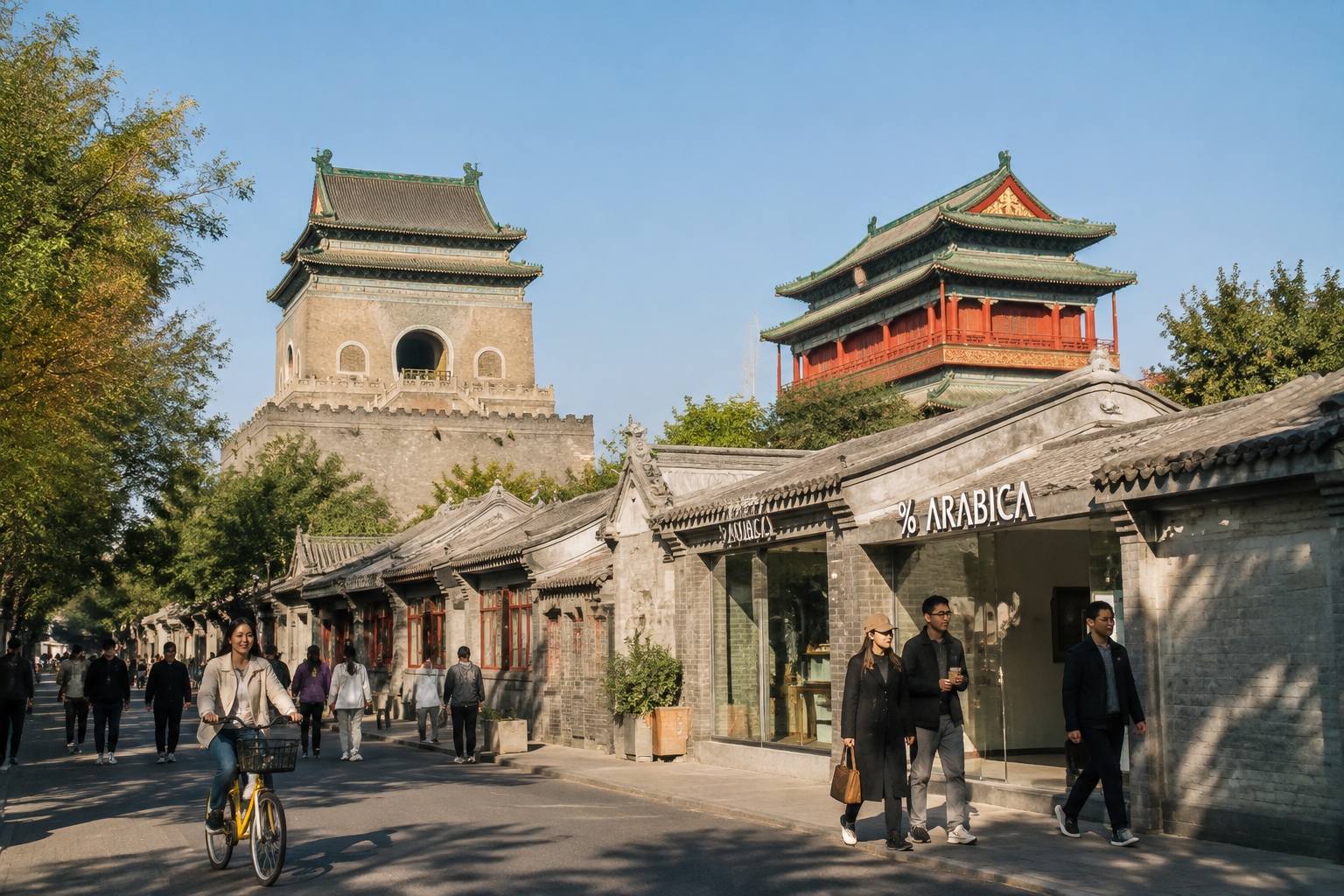 The Bell and Drum Towers seen above a hutong neighborhood along the Beijing Central Axis