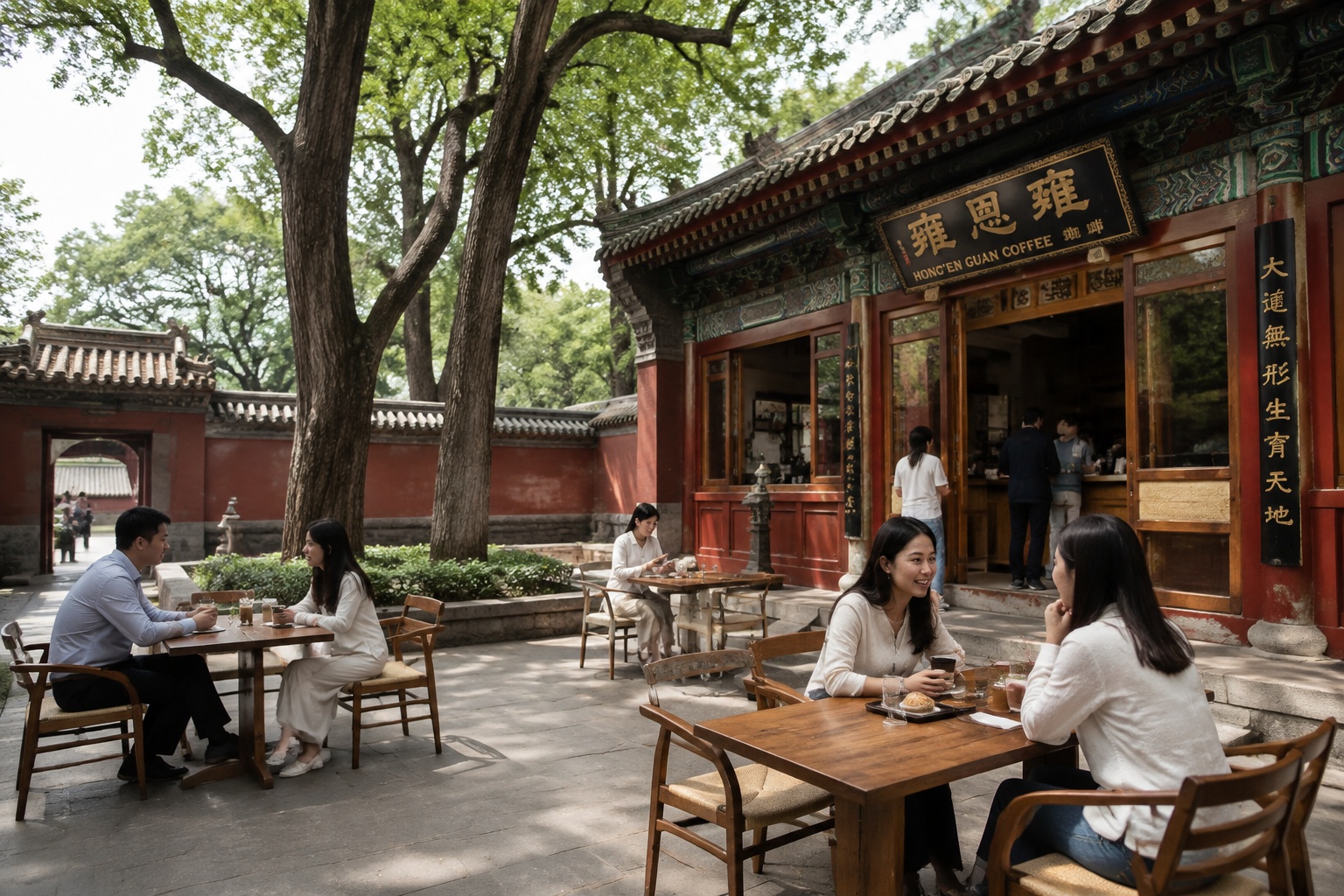 People enjoying coffee inside the courtyard of Hong'en Guan temple along the Beijing Central Axis
