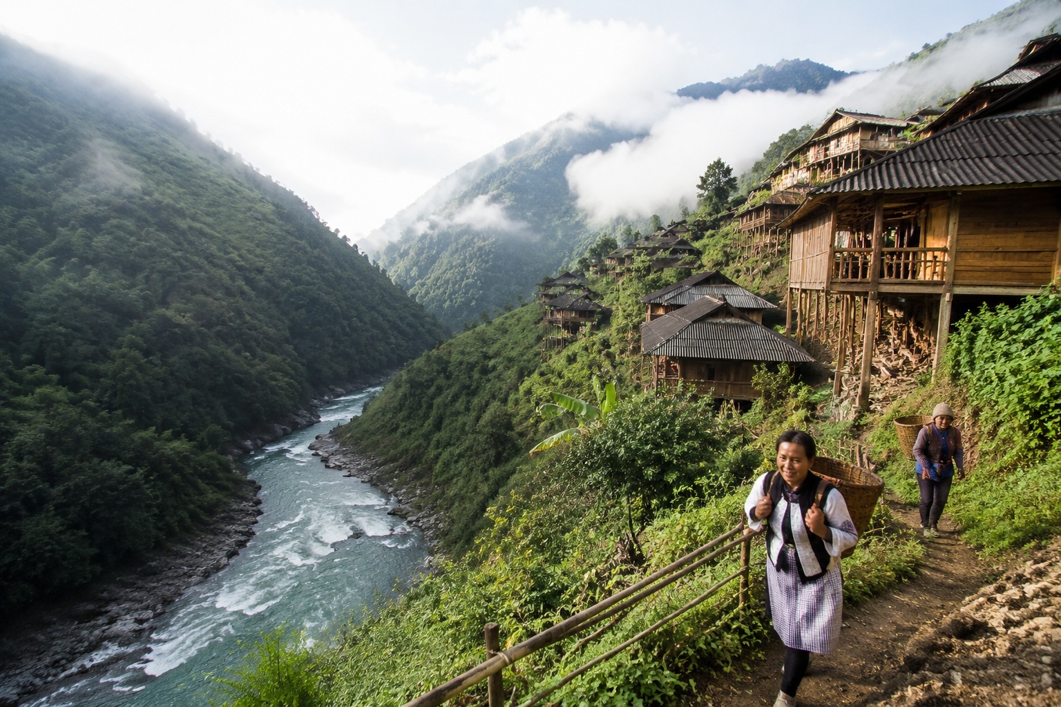 Dulong village in the deep river valley of Yunnan, China, with wooden houses on stilts and fog over green mountains