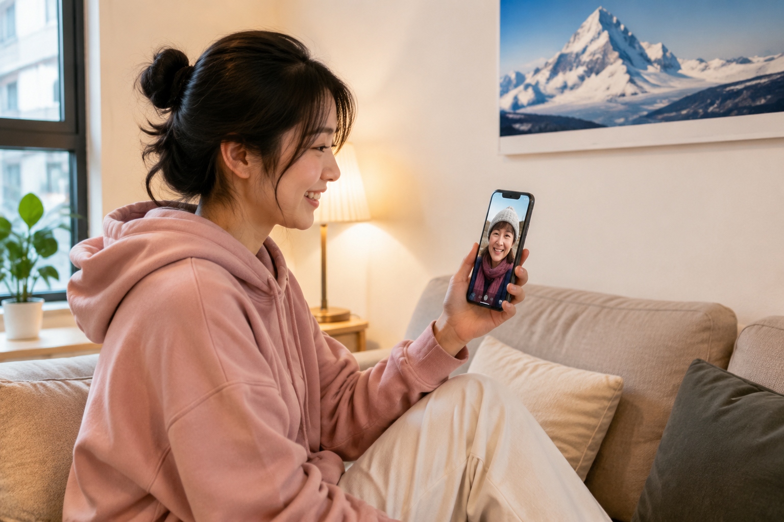 Ayue video-calling her mother from her small Shanghai apartment, with a snowy mountain photo on the wall
