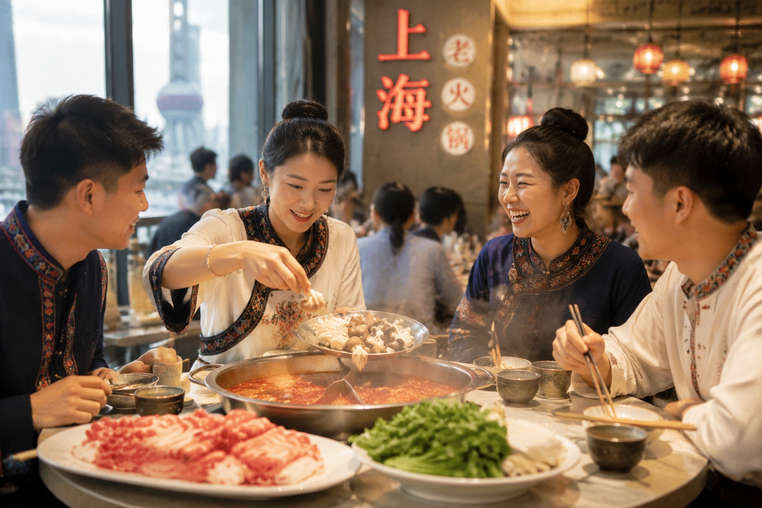 Yunnan natives gather for a hotpot dinner in a Shanghai restaurant, chatting and laughing together