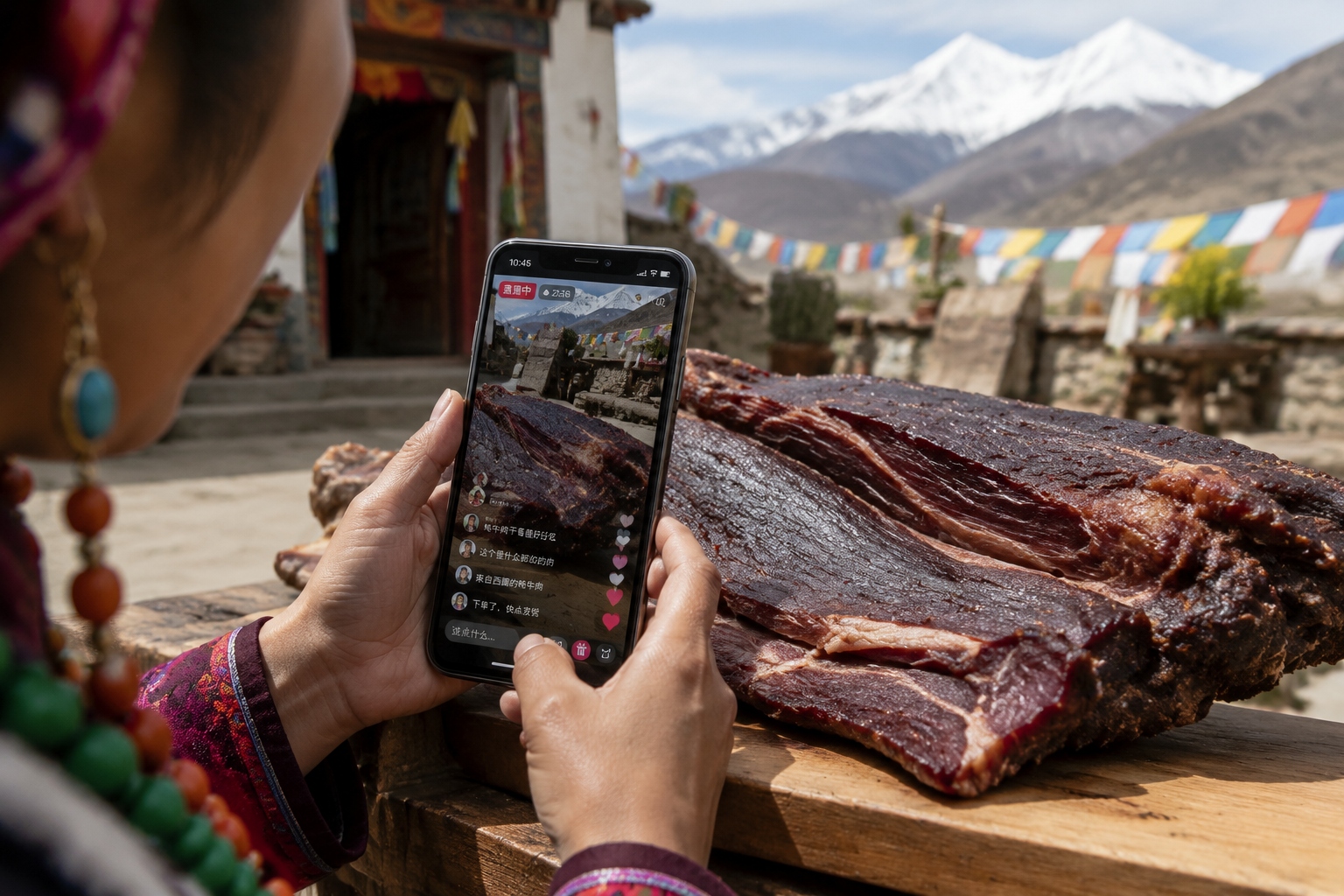 Tibetan woman live-streaming yak meat sales from her courtyard in Shigatse, with the Himalayan mountains behind her