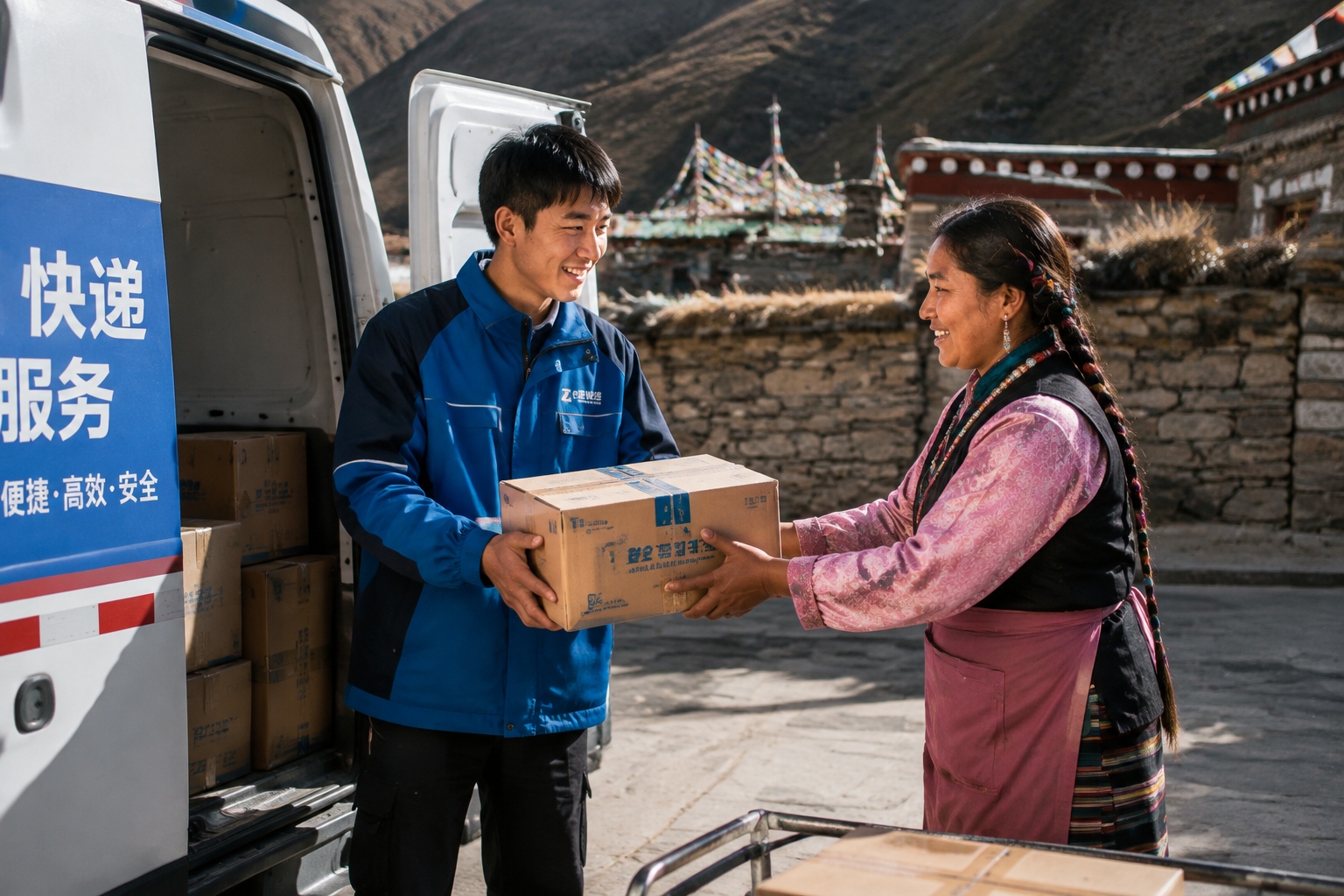 Han Chinese courier and Tibetan herder loading boxes of yak meat into a delivery van in Shigatse