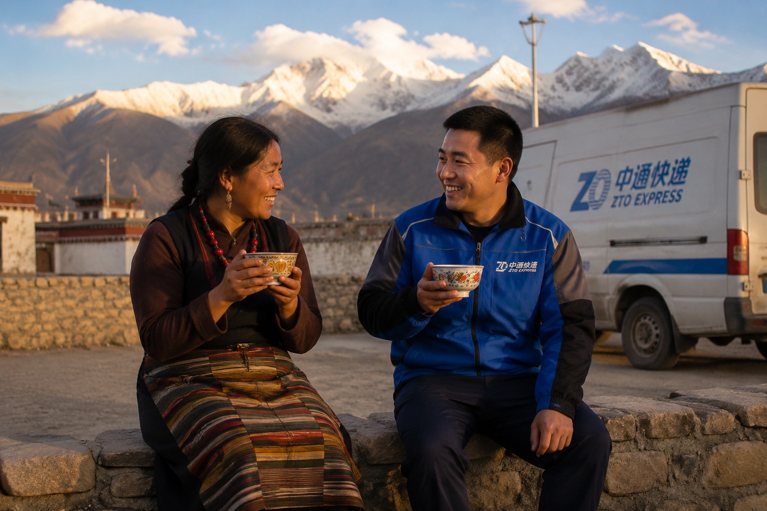 Tibetan woman and Han Chinese delivery driver drinking butter tea together after work in Shigatse
